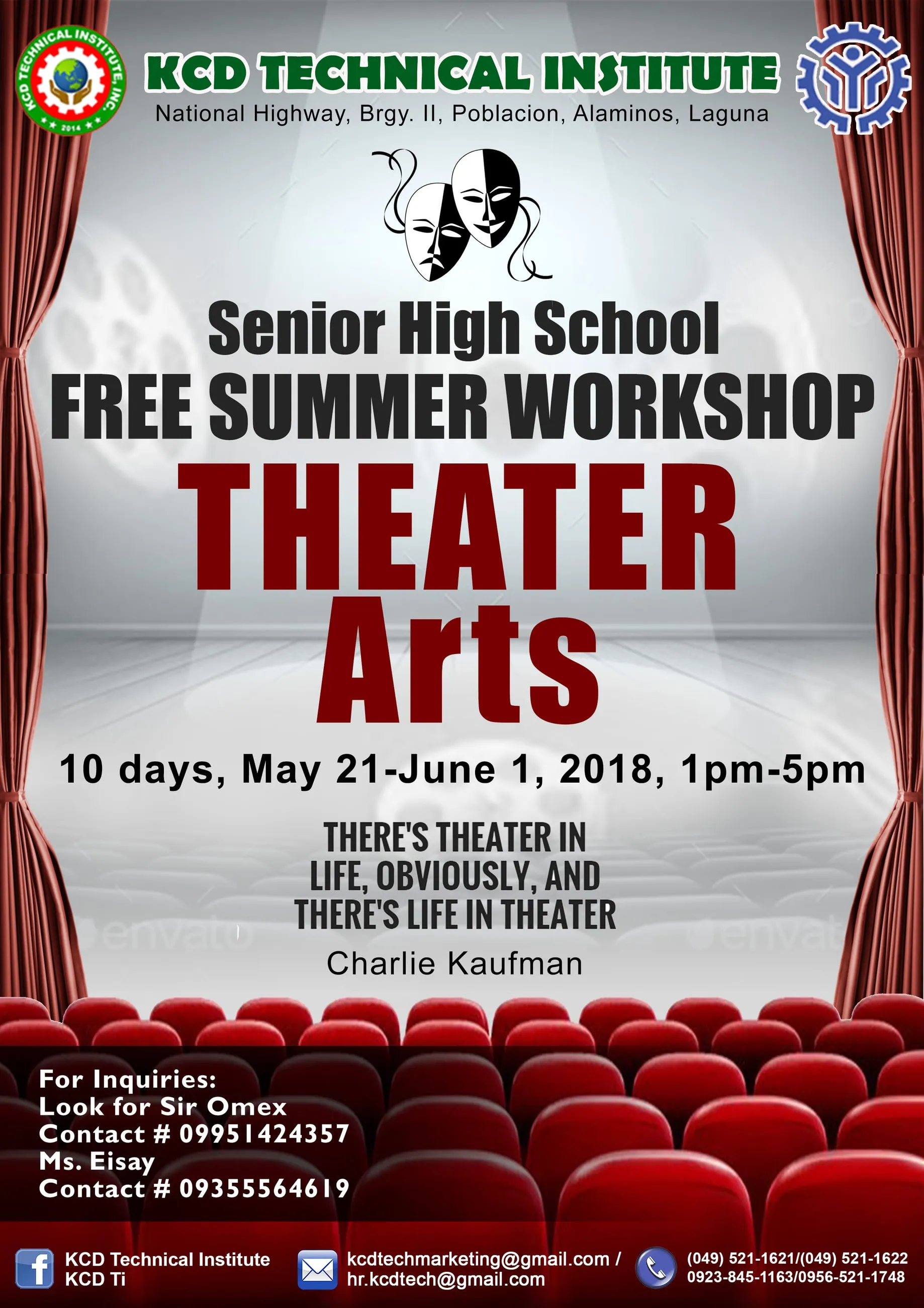 KCD Technical Institute poster for a free summer theater arts workshop for senior high school students, with theater masks and red curtains.