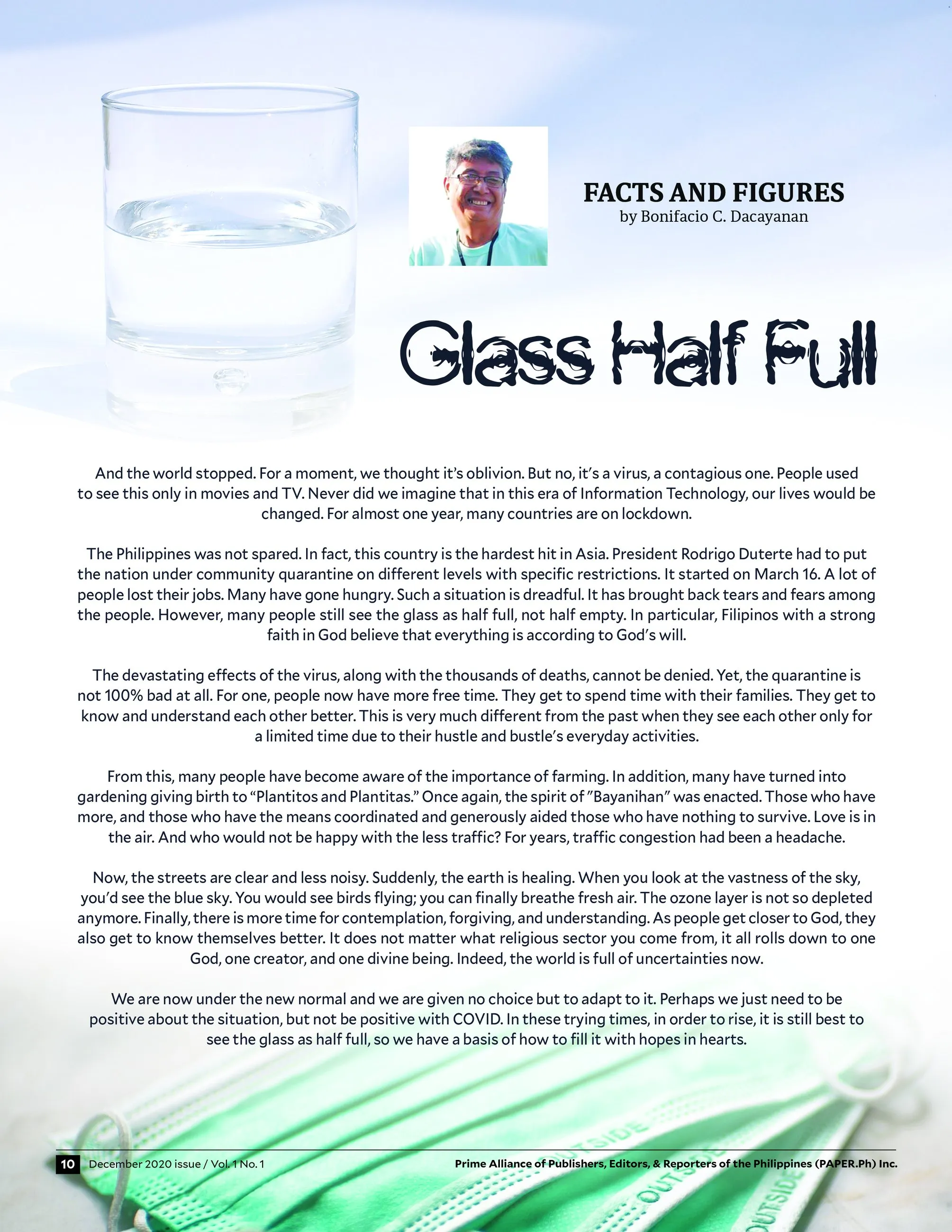 PAPER.Ph "Facts and Figures" column page titled "Glass Half Full", with a glass of water in the header.