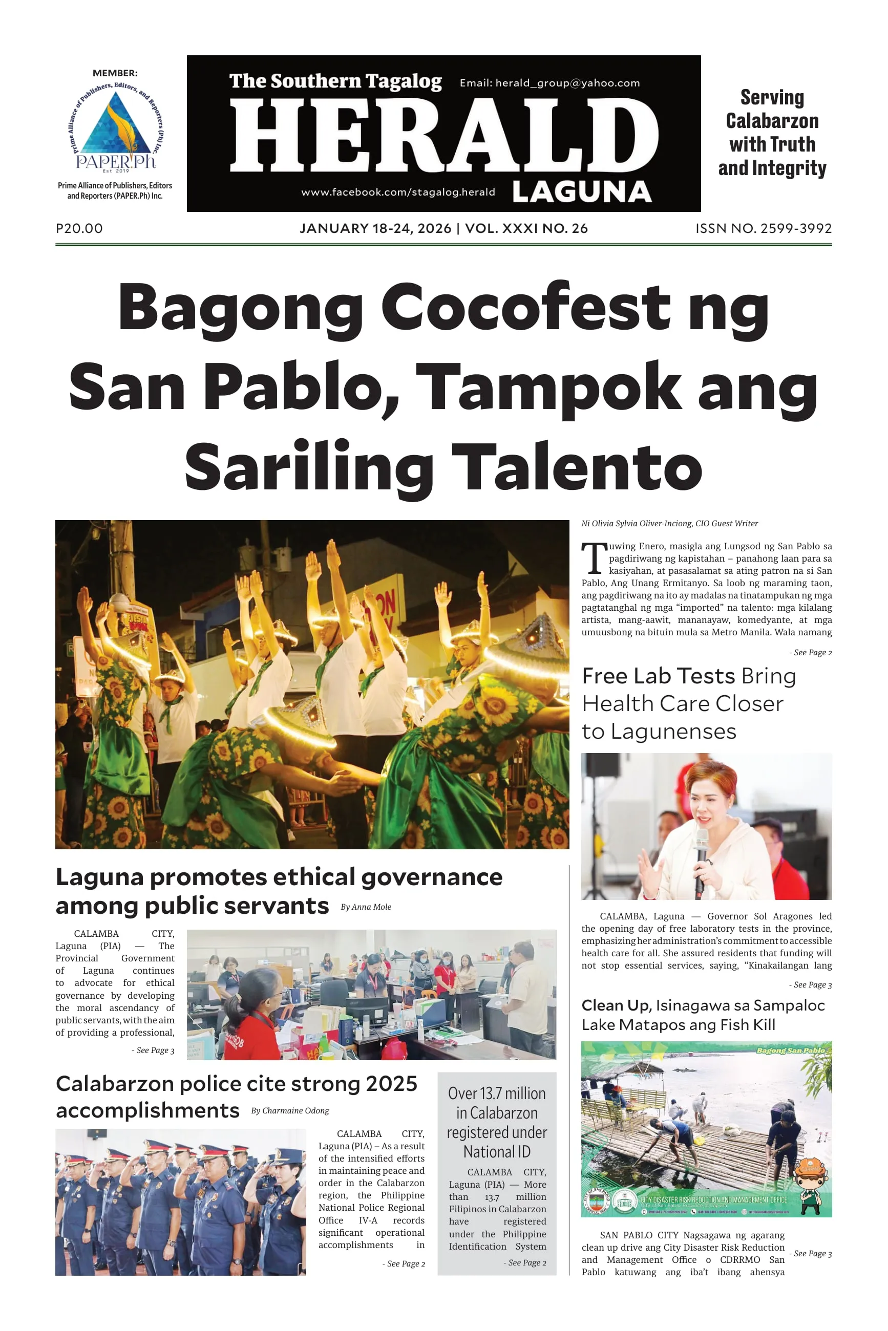 Front page of The Southern Tagalog Herald, Laguna edition, led by "Bagong Cocofest ng San Pablo, Tampok ang Sariling Talento" with a photo of festival performers.