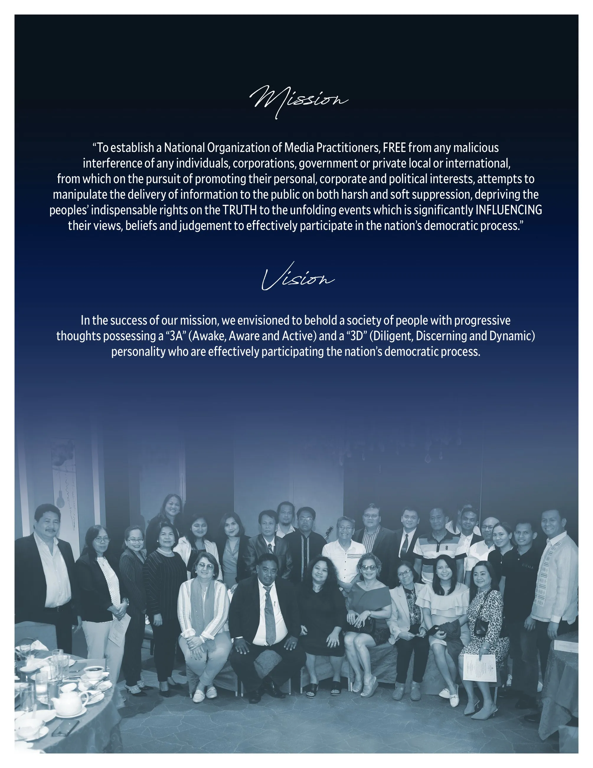PAPER.Ph back cover in dark blue with the organisation's mission and vision above a group photo of members.
