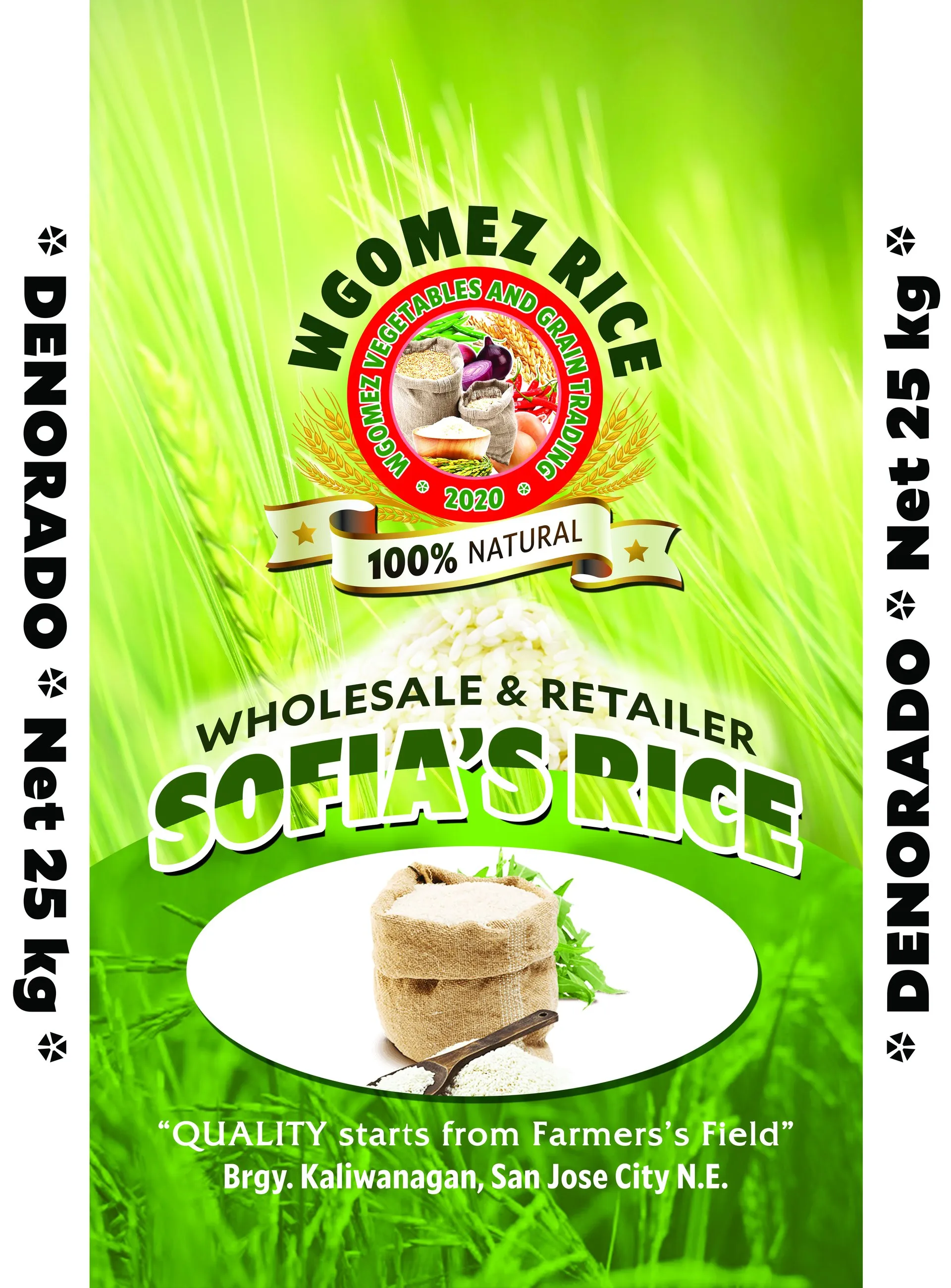 Flat artwork for the green Sofia's Rice sack, Denorado variety, 25 kg, with a rice field background.