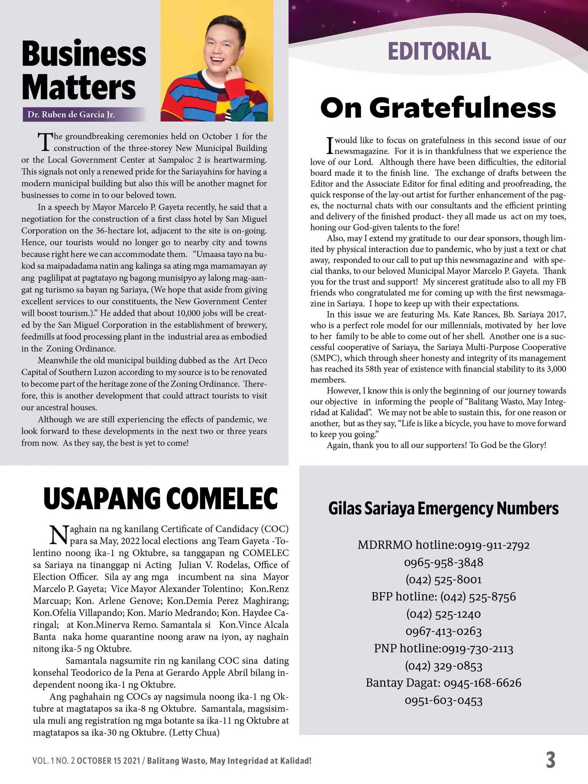 BALWIK spread with the "Business Matters" column, the editorial "On Gratefulness", a "Usapang COMELEC" column and a box of emergency phone numbers.