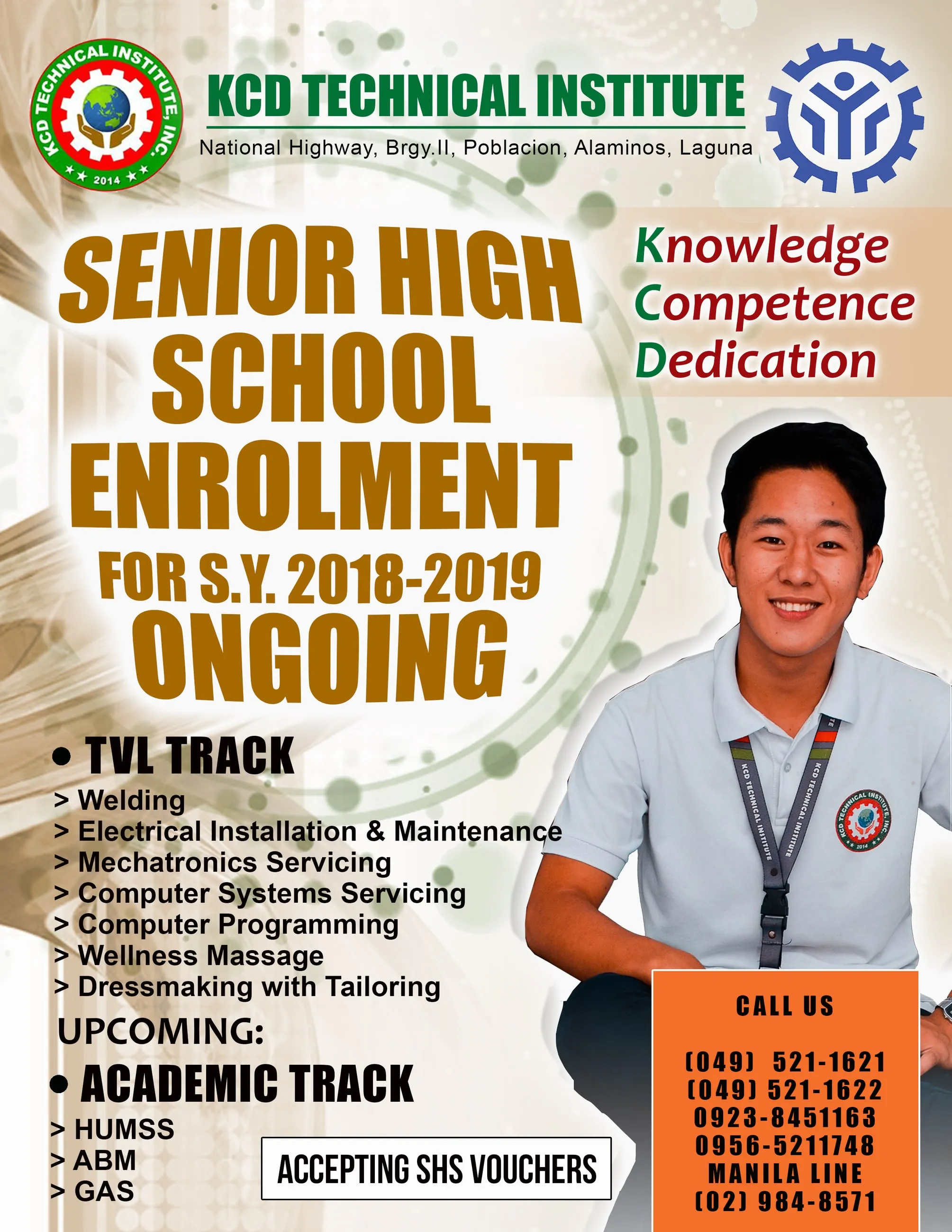 KCD Technical Institute poster for senior high school enrolment for school year 2018–2019, listing its tracks next to a student in uniform.