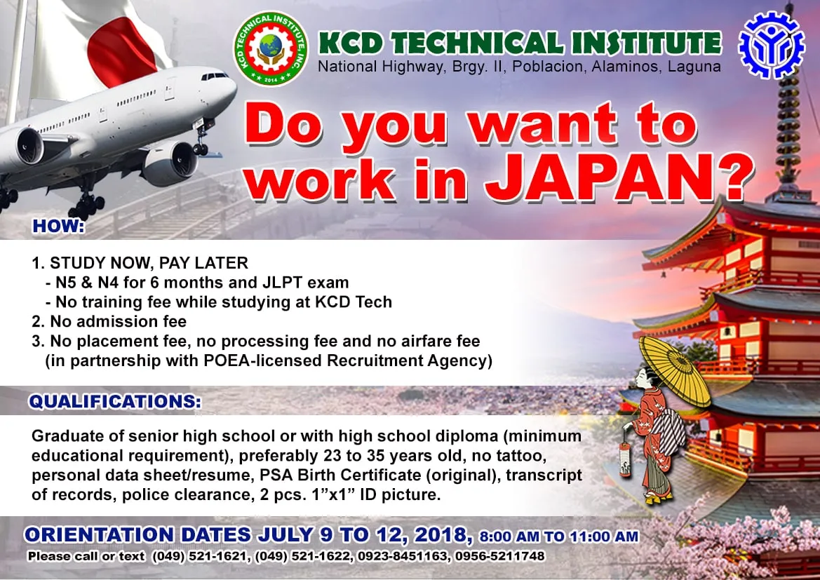 KCD Technical Institute banner "Do you want to work in Japan?", with a plane, a pagoda and the program's steps and qualifications.