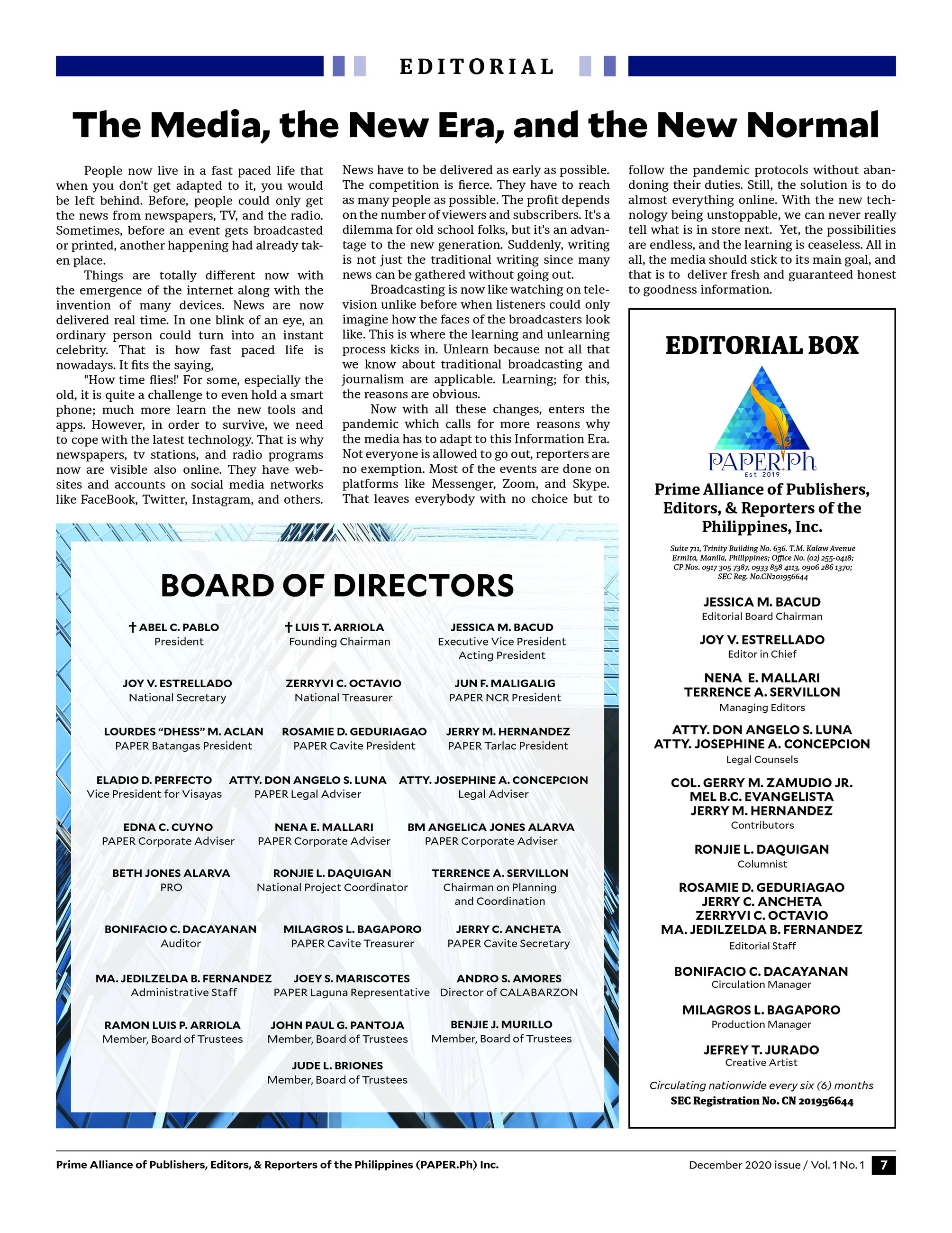 PAPER.Ph editorial page "The Media, the New Era, and the New Normal", with the board of directors and the editorial box.