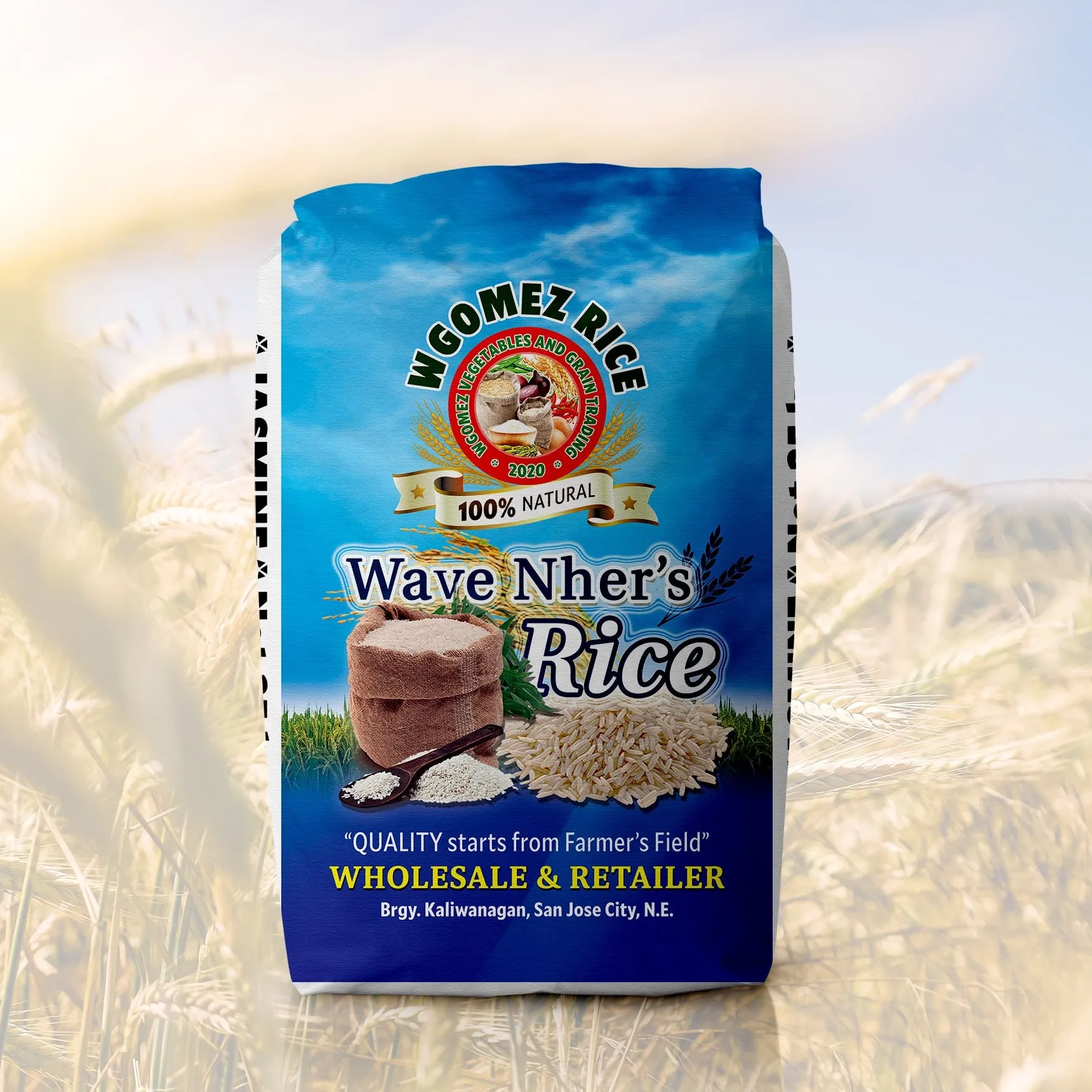 Mockup of a blue WGomez Rice "Wave Nher's Rice" sack standing in a wheat field.