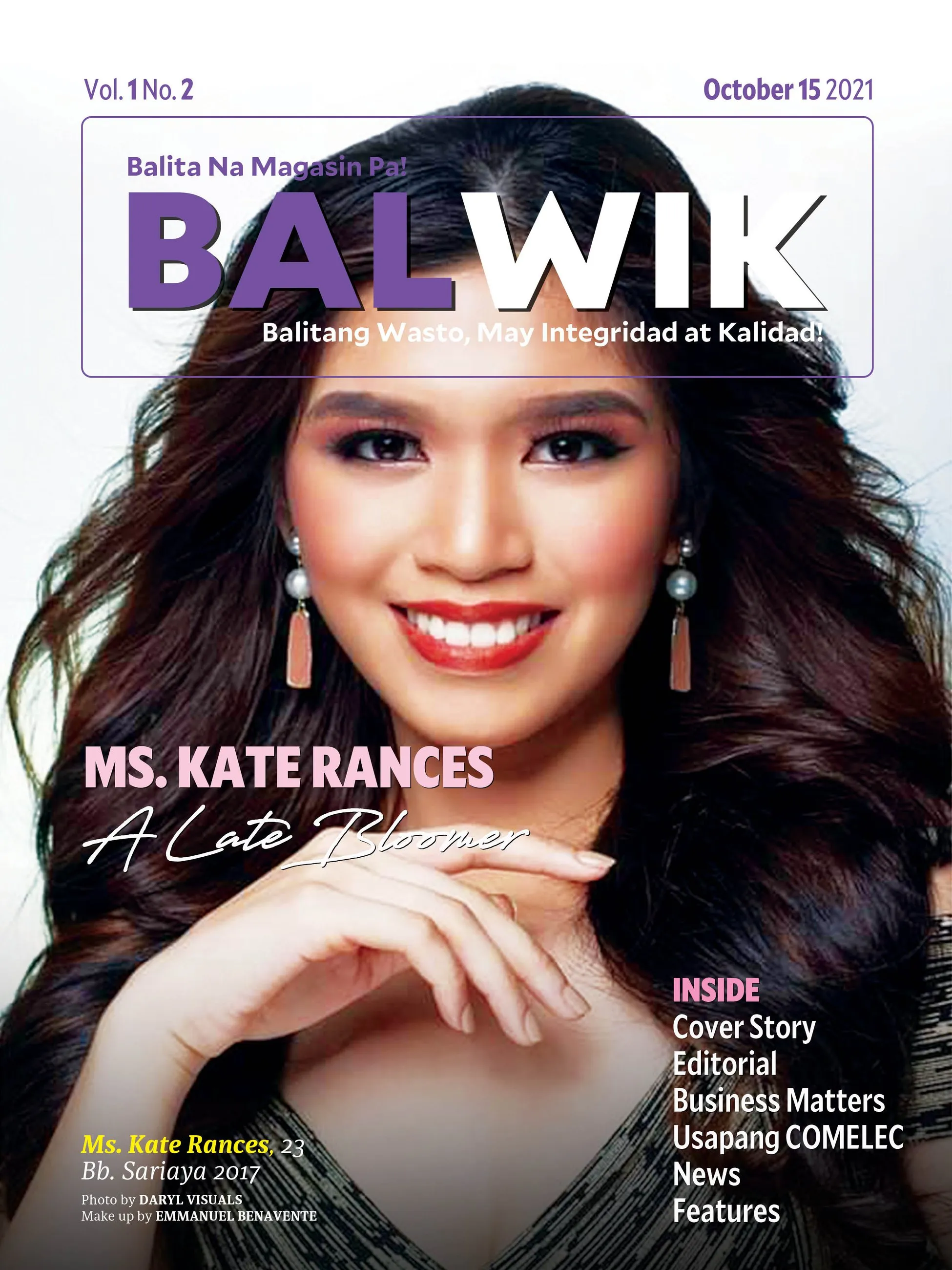 BALWIK magazine October 2021 cover: a woman in a red dress with the cover line "Ms. Kate Rances, A Late Bloomer" and a list of what is inside.