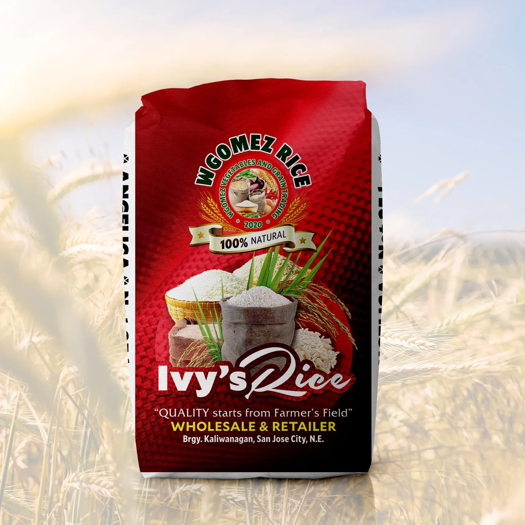 Mockup of a red WGomez Rice "Ivy's Rice" sack standing in a wheat field.