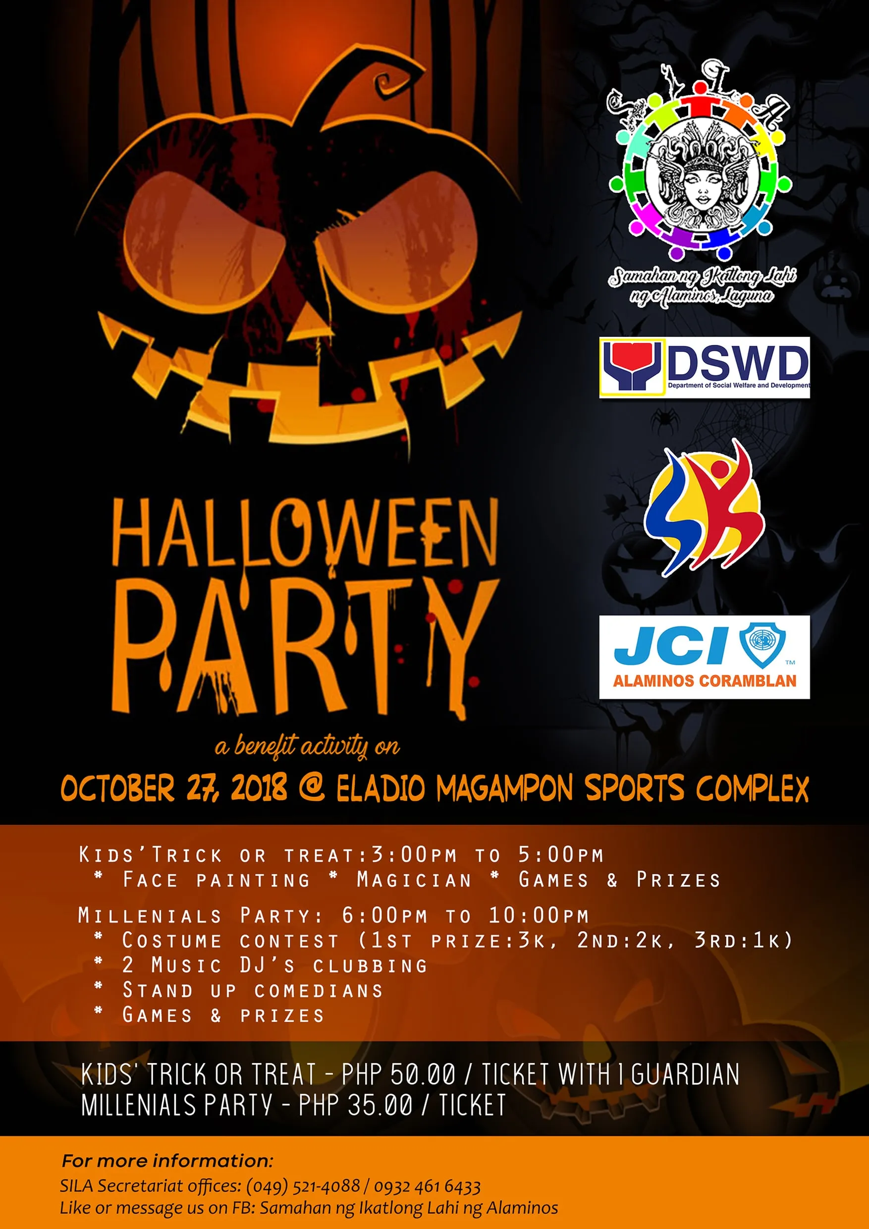 Halloween party poster with a glowing jack-o'-lantern and the schedule for kids' trick or treat and an evening party.
