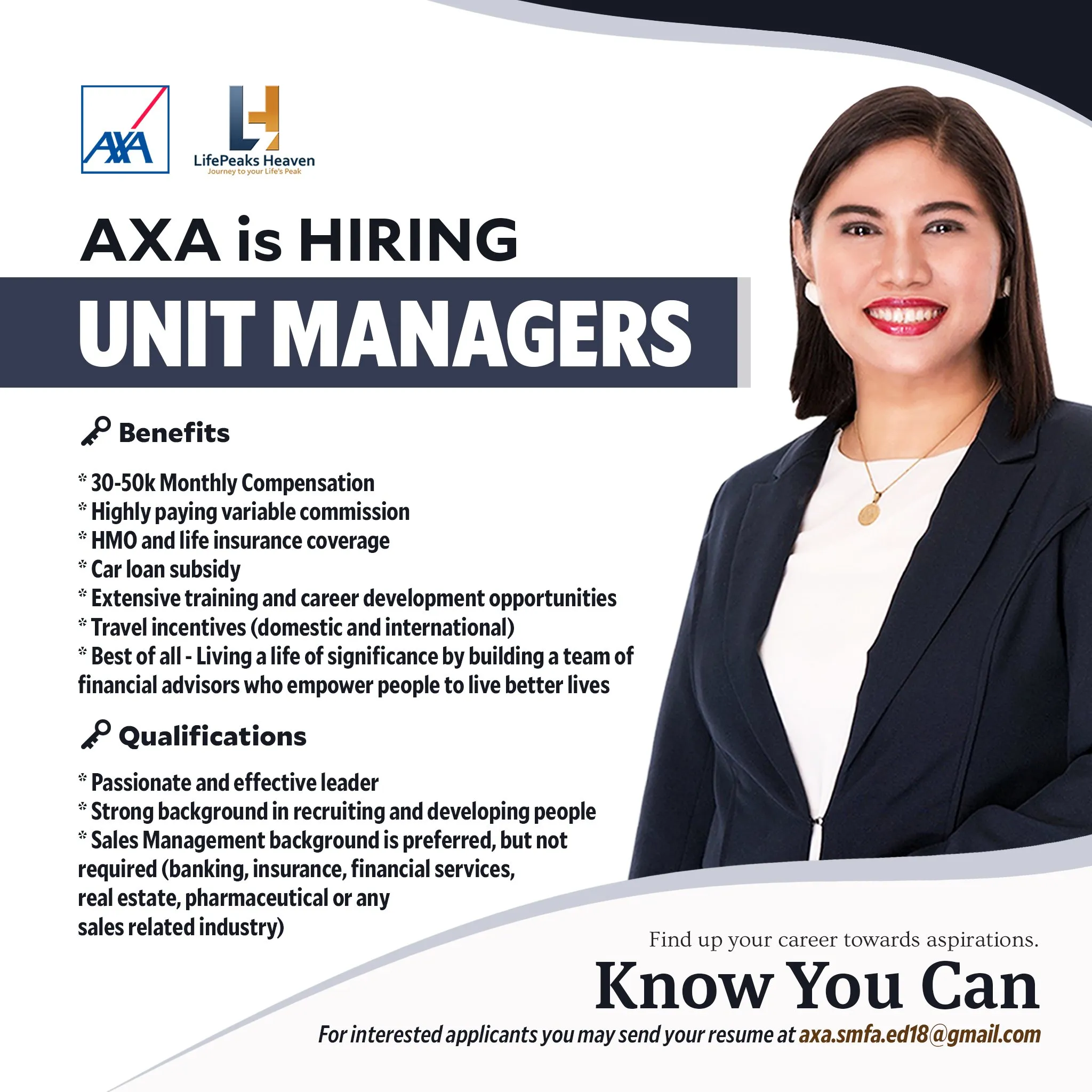 "AXA is hiring unit managers" post listing benefits and qualifications next to a smiling woman in a black blazer.