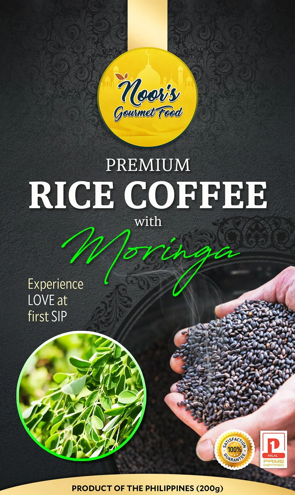Noor's Gourmet Food label for Premium Rice Coffee with Moringa: dark background with moringa leaves and a hand holding roasted rice.