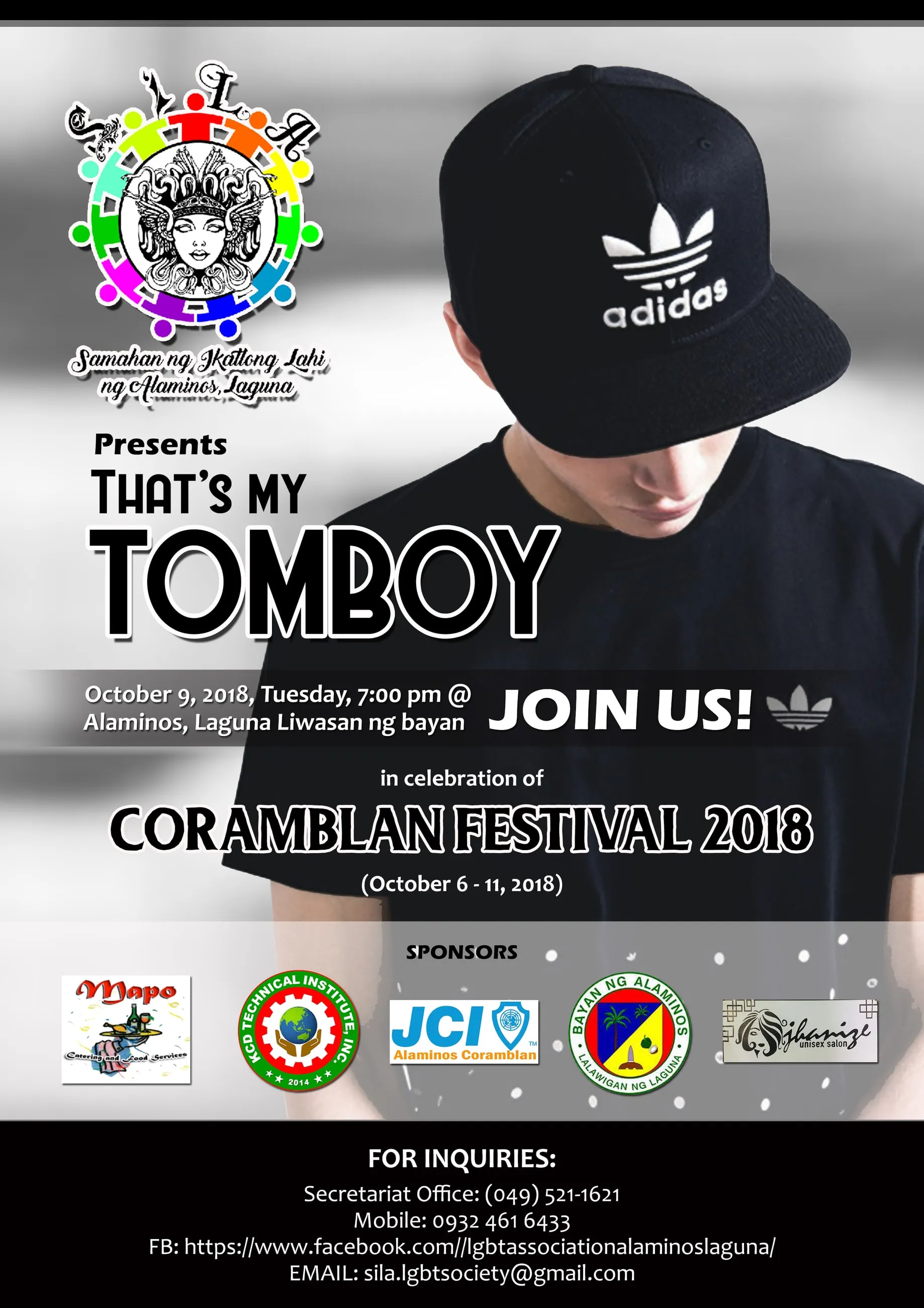 Poster for "That's My Tomboy" during the Corambalan Festival 2018, showing a person in a black cap and t-shirt.