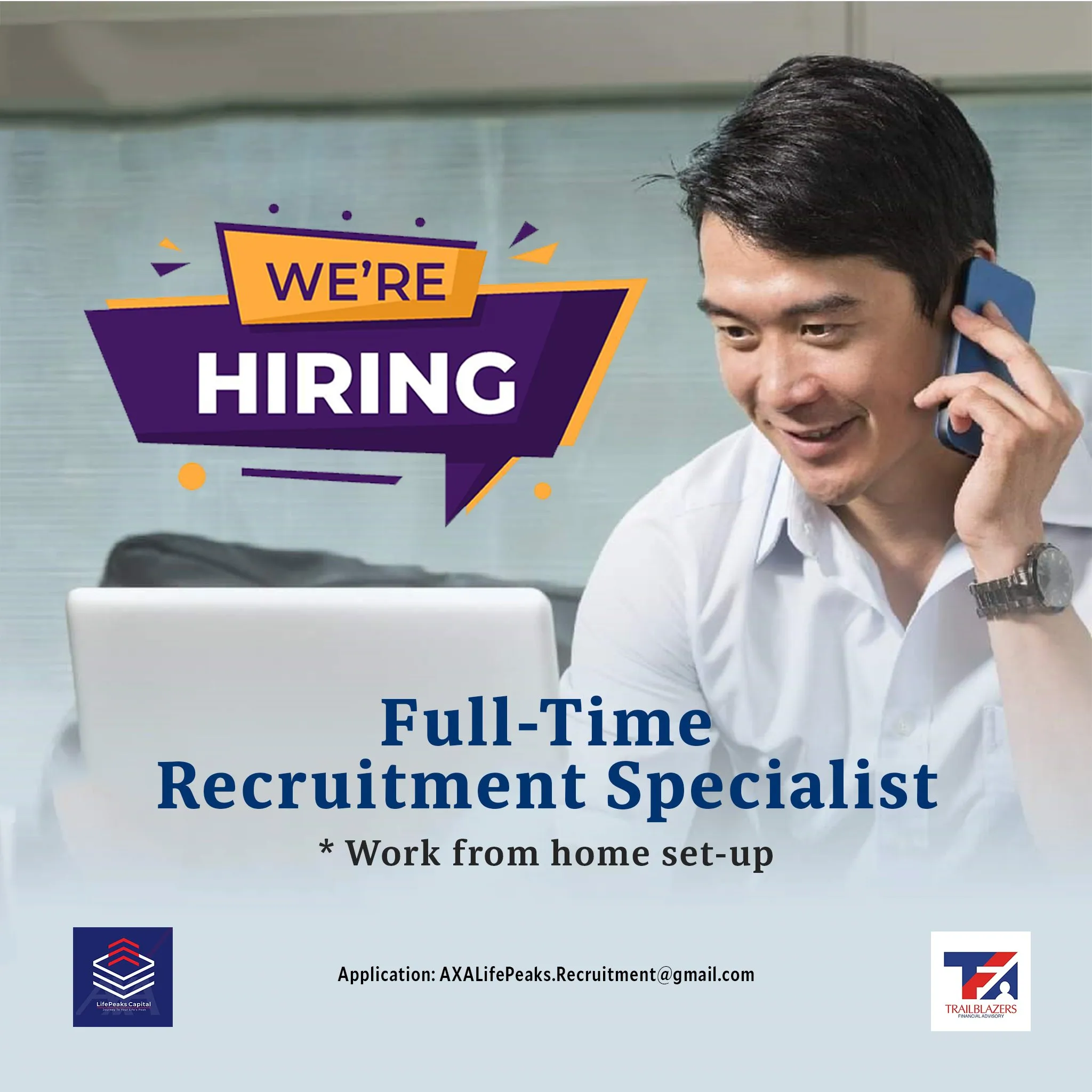 "We're hiring" post for a full-time, work-from-home recruitment specialist, with a man talking on the phone.