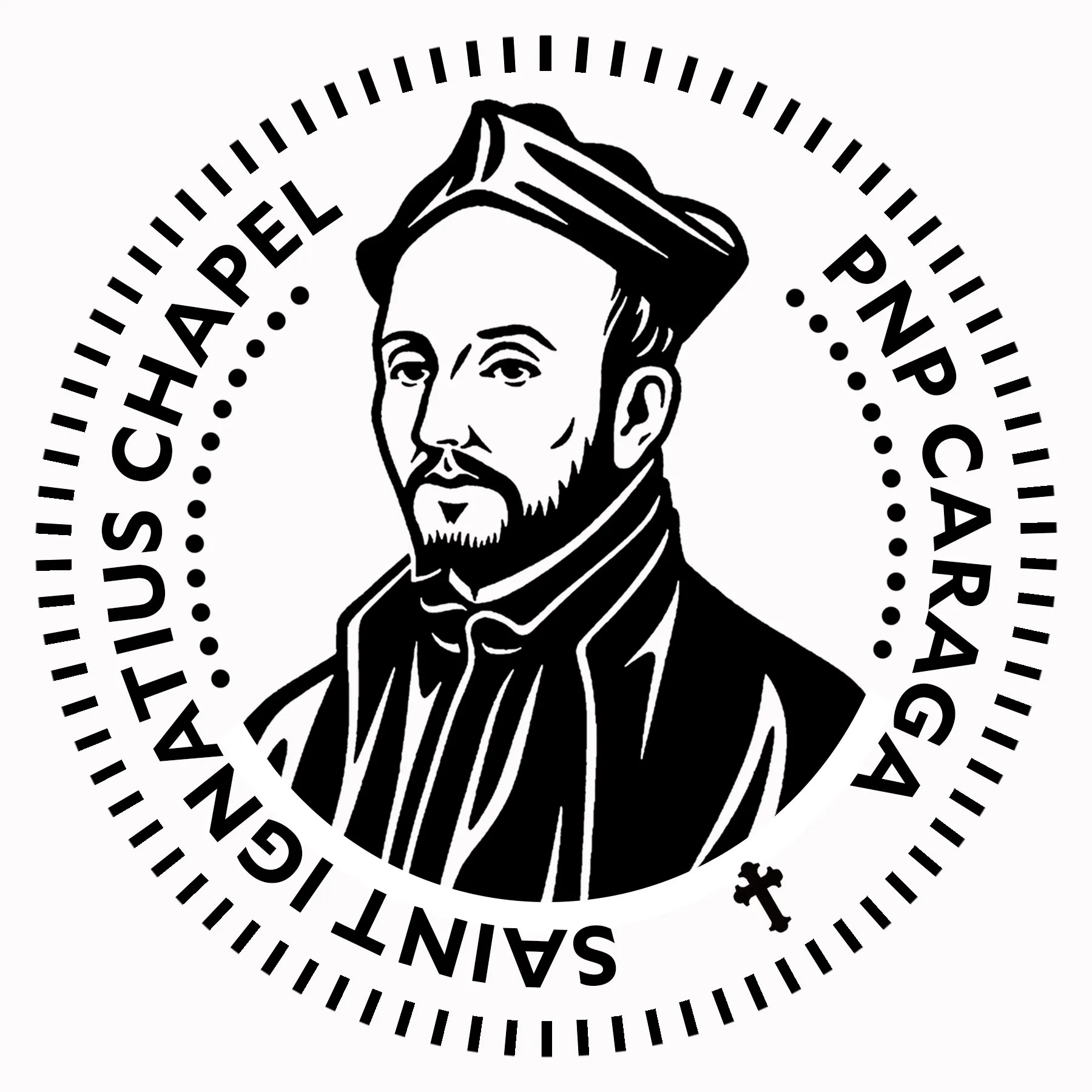 St. Ignatius Chapel seal: a black and white line portrait of St. Ignatius ringed by the chapel's name.