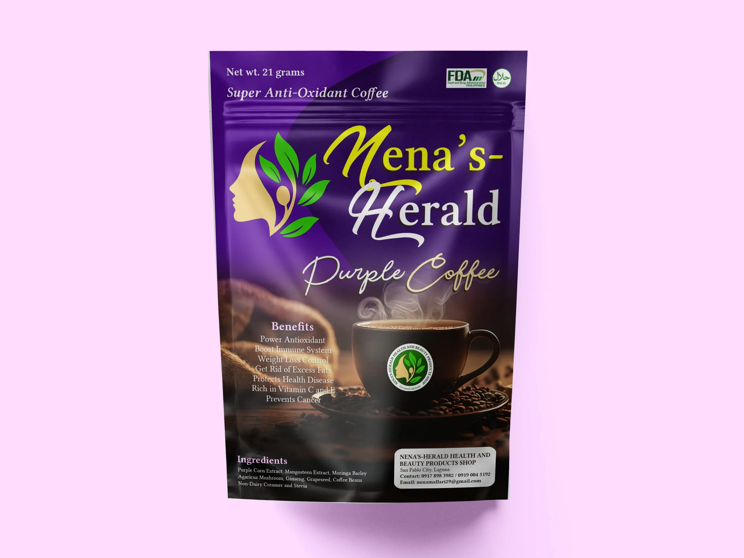 Nena's-Herald Purple Coffee stand-up pouch in purple, on a lilac background.