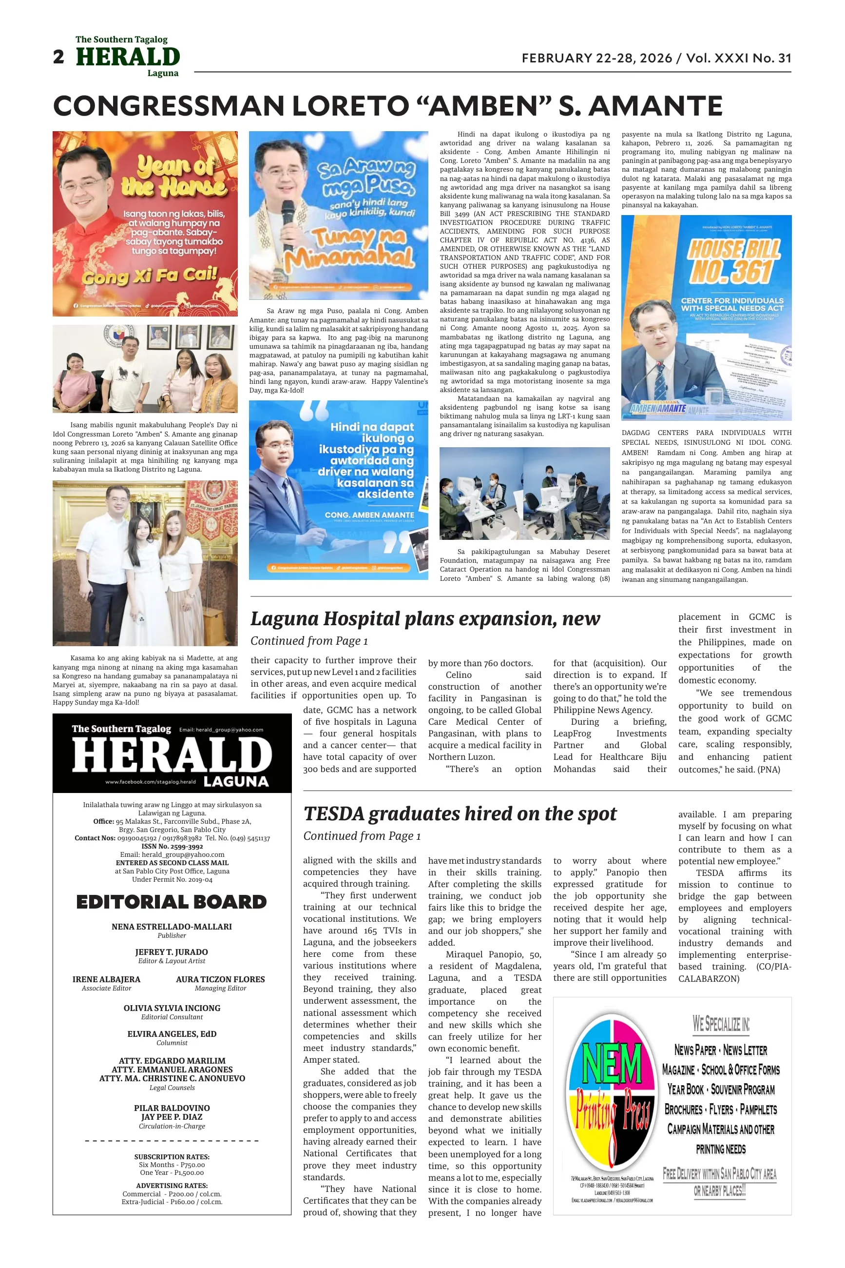 Editorial page of The Southern Tagalog Herald, Laguna edition, with a feature on a congressman, the editorial board box and several continued stories.
