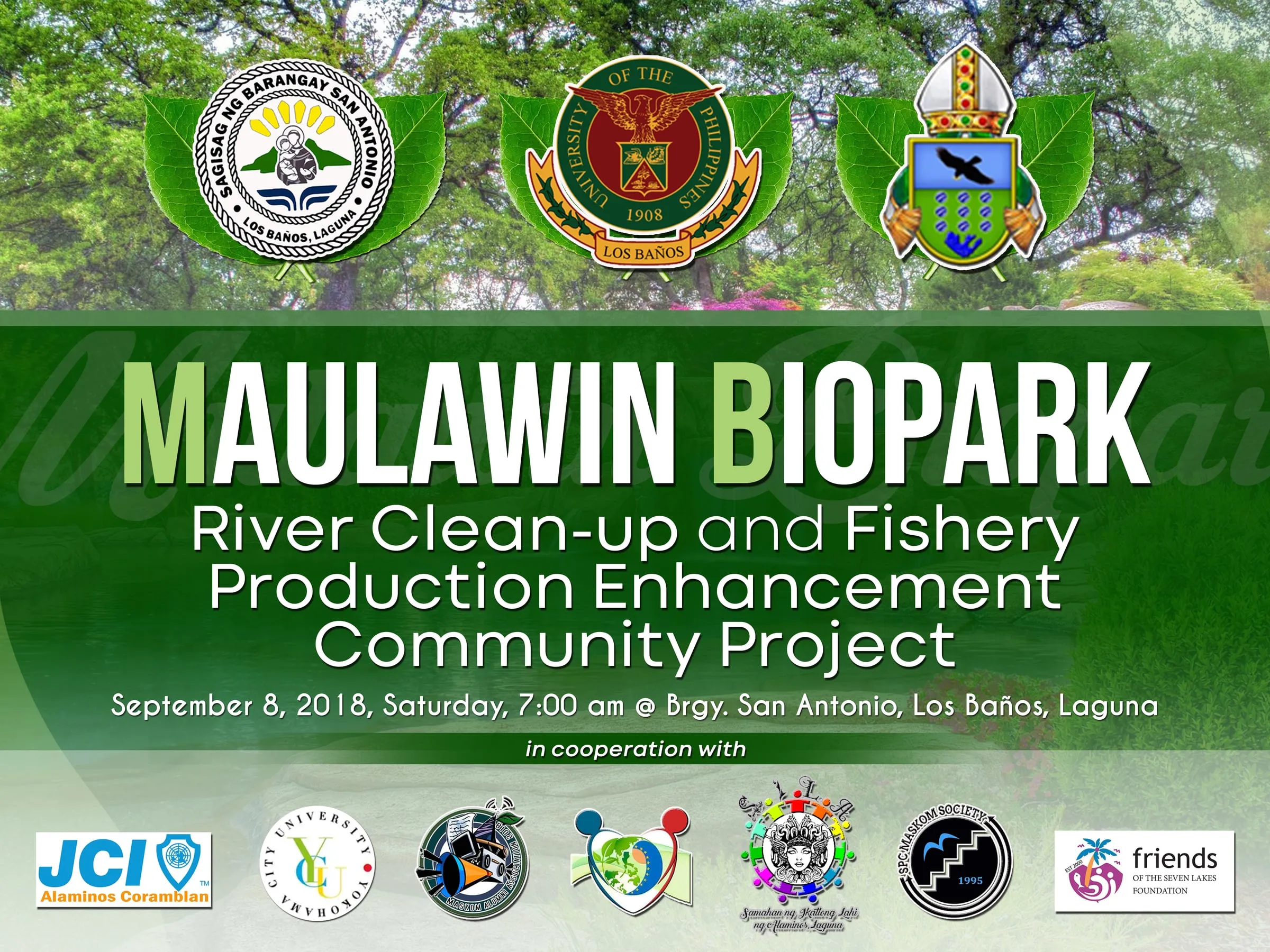 Banner for the Maulawin Biopark river clean-up and fishery community project in Los Baños, Laguna, with partner logos.