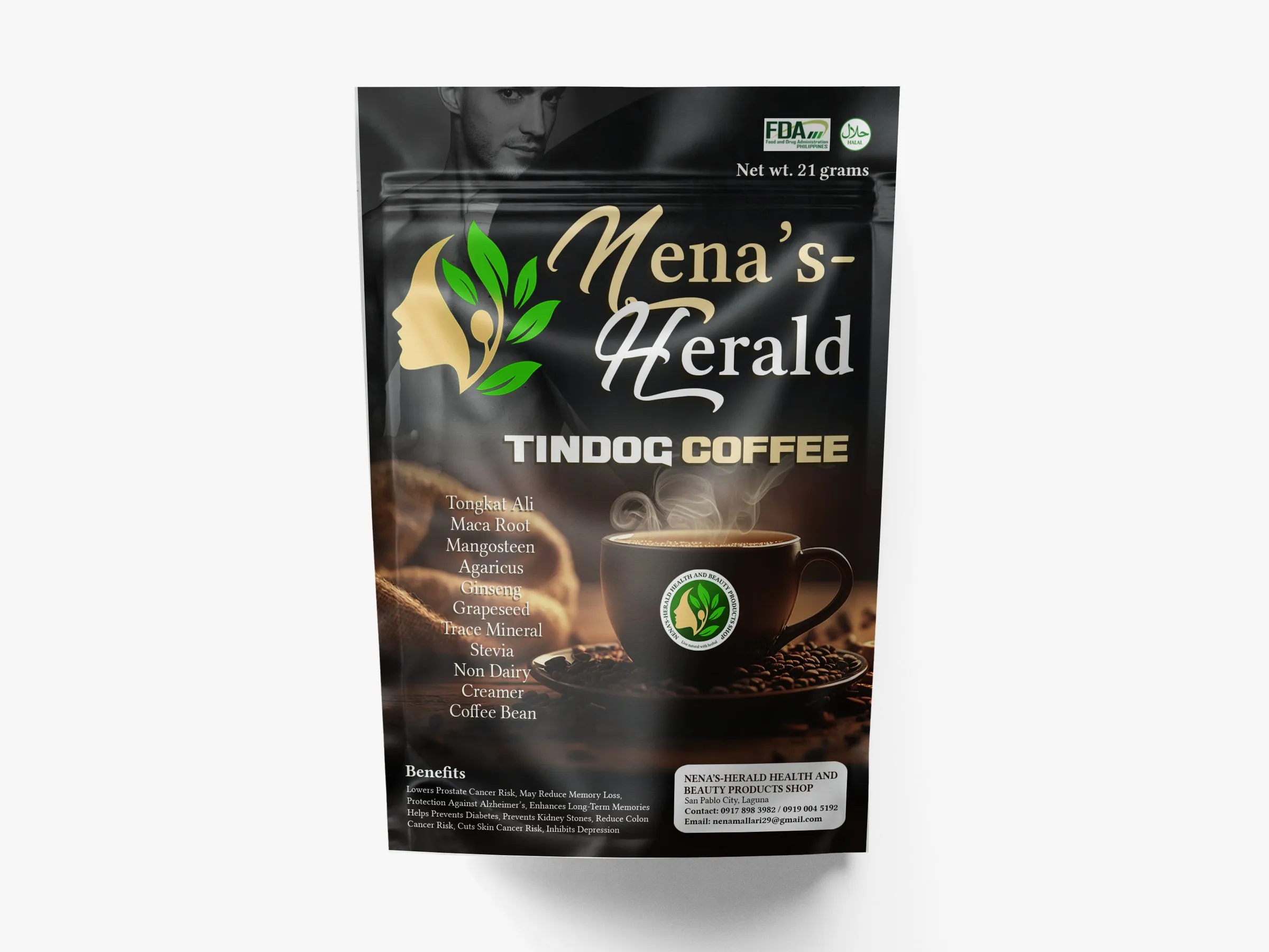 Nena's-Herald Tindog Coffee stand-up pouch in black and grey, on a white background.