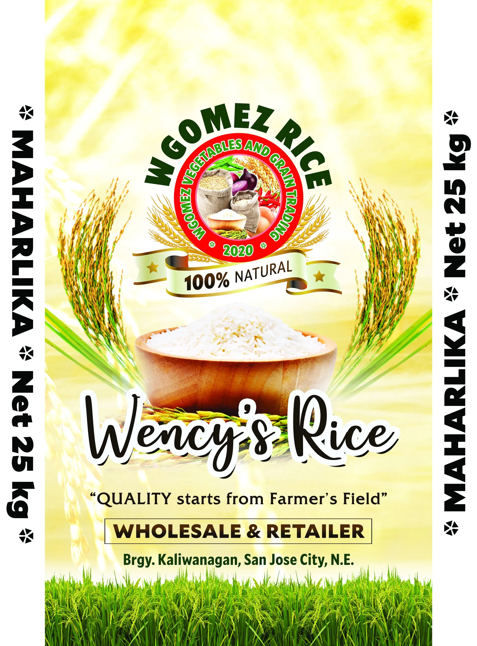 Flat artwork for the yellow Wency's Rice sack, Maharlika variety, 25 kg, with rice stalks and a bowl of rice.