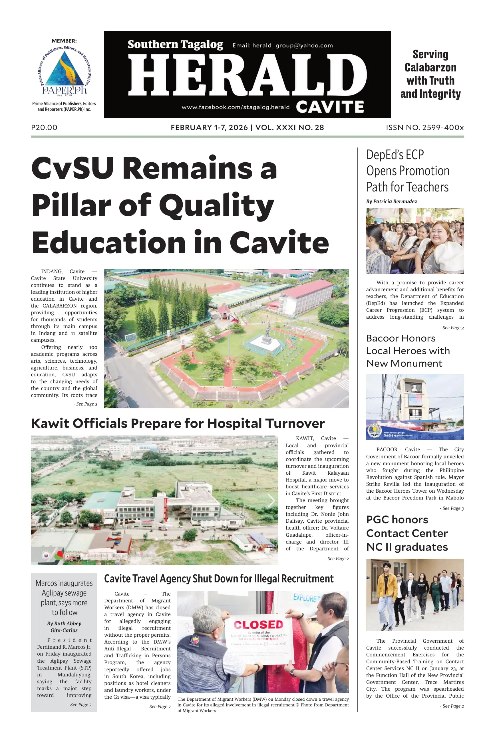 Front page of The Southern Tagalog Herald, Cavite edition, led by "CvSU Remains a Pillar of Quality Education in Cavite" over an aerial photo of the university campus.