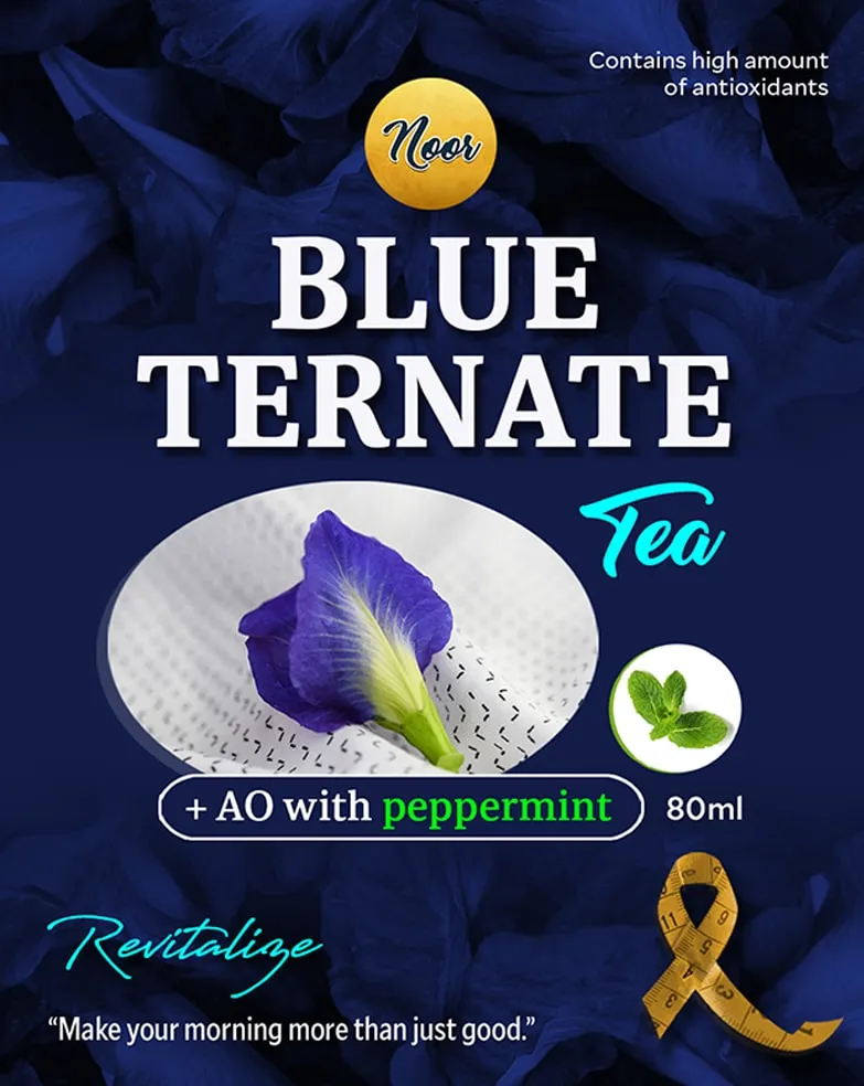 Front of the Noor Blue Ternate Tea label: dark blue background with a butterfly pea flower and the line "Make your morning more than just good."