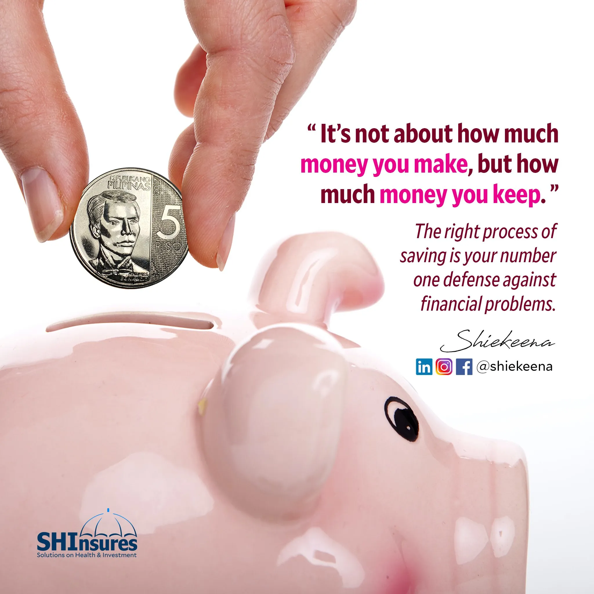 Quote post "It's not about how much money you make, but how much money you keep", with a coin going into a pink piggy bank.