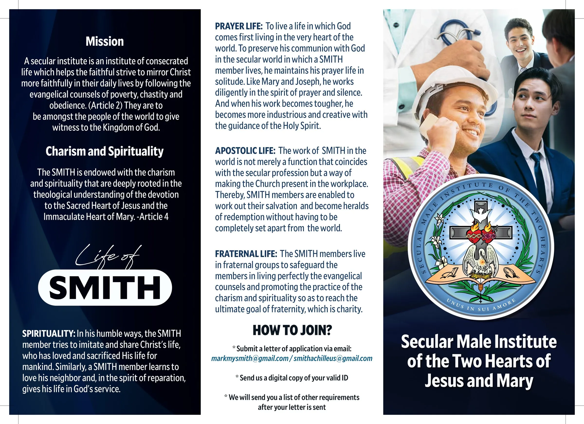 Outside of the tri-fold brochure with the SMITH mission, spirituality and how to join, plus the institute's seal on the cover.