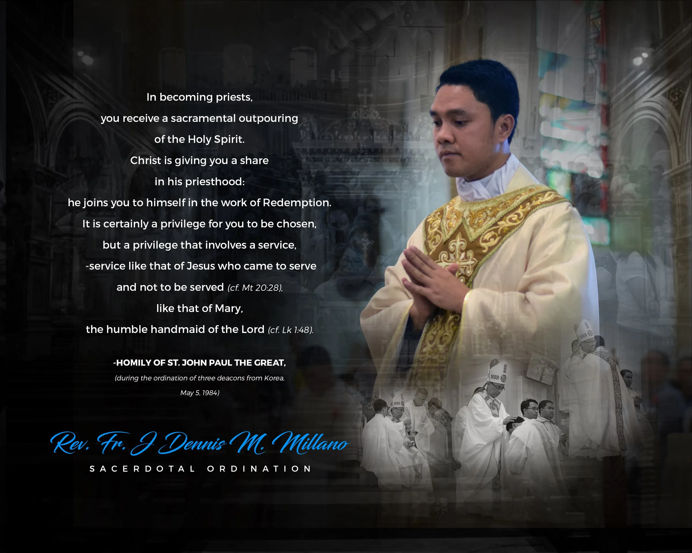 Album back cover in dark tones: the new priest at prayer beside a quote from St. John Paul the Great on the priesthood.