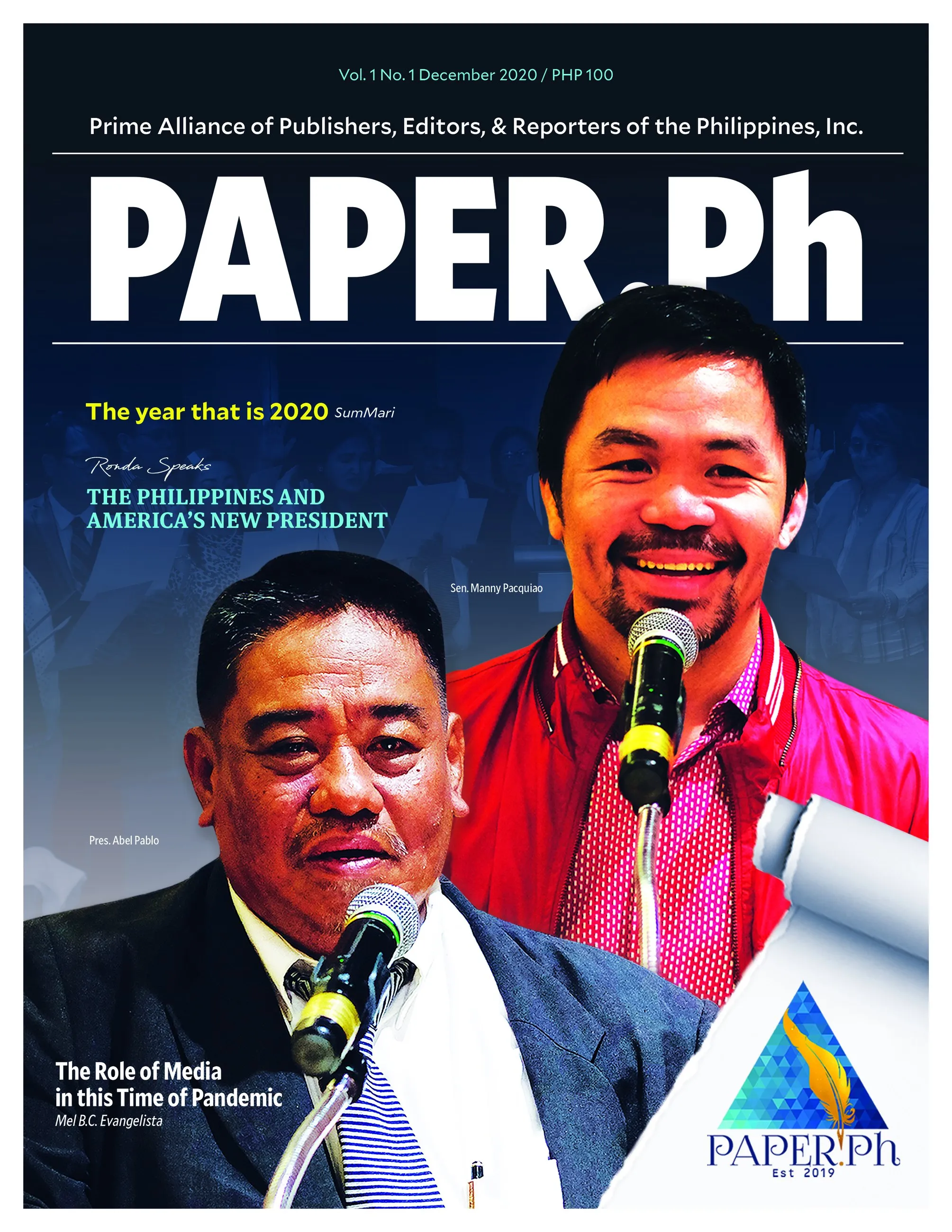 Front cover of PAPER.Ph magazine's first issue, December 2020: two men speaking into microphones, with the lines "The year that is 2020" and "The Role of Media in this Time of Pandemic".