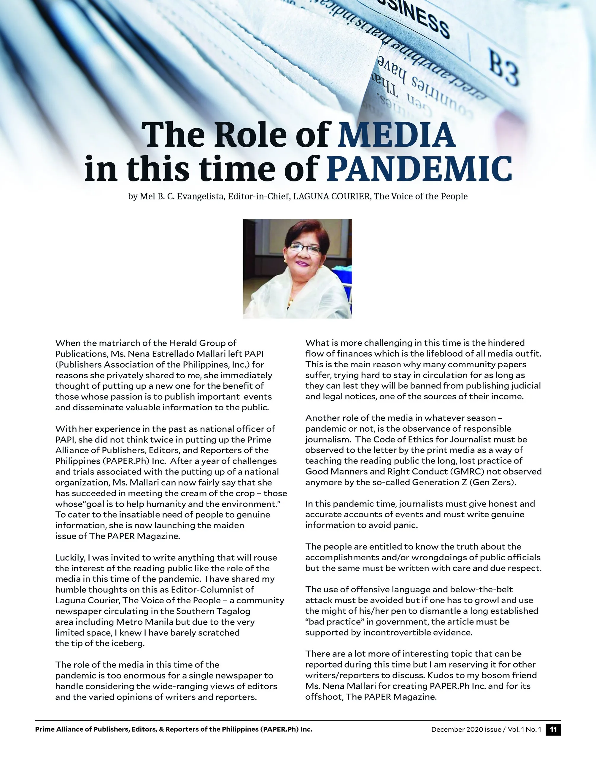 PAPER.Ph article page "The Role of Media in this Time of Pandemic", with newspapers in the header and a small author photo.