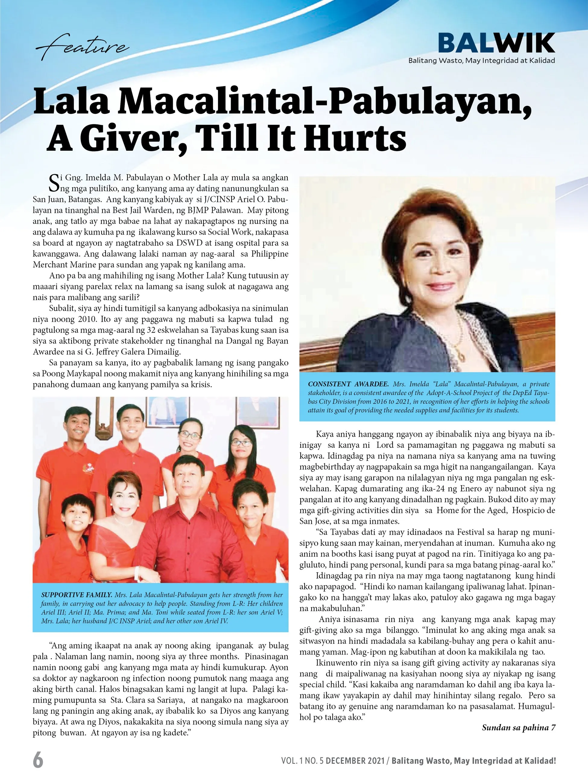 BALWIK feature profile "Lala Macalintal-Pabulayan, A Giver, Till It Hurts", with her portrait and a family photo.