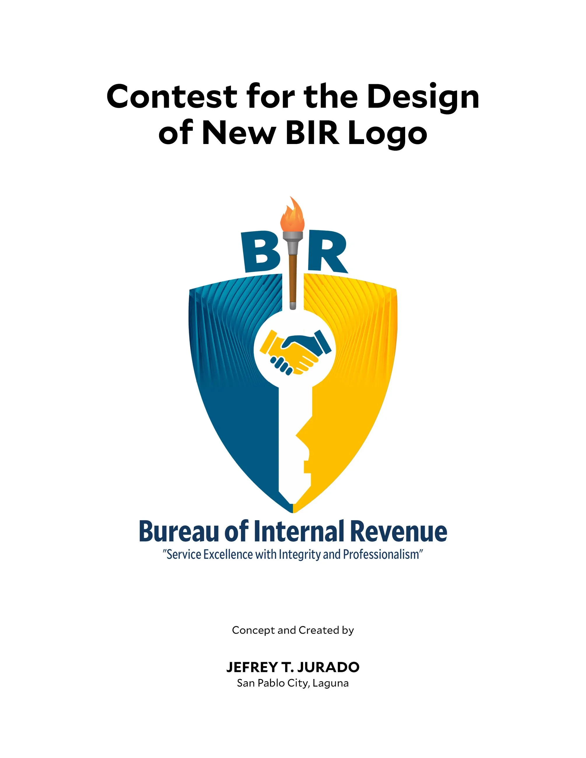 Contest entry sheet "Contest for the Design of New BIR Logo", showing the shield logo with the designer's name.