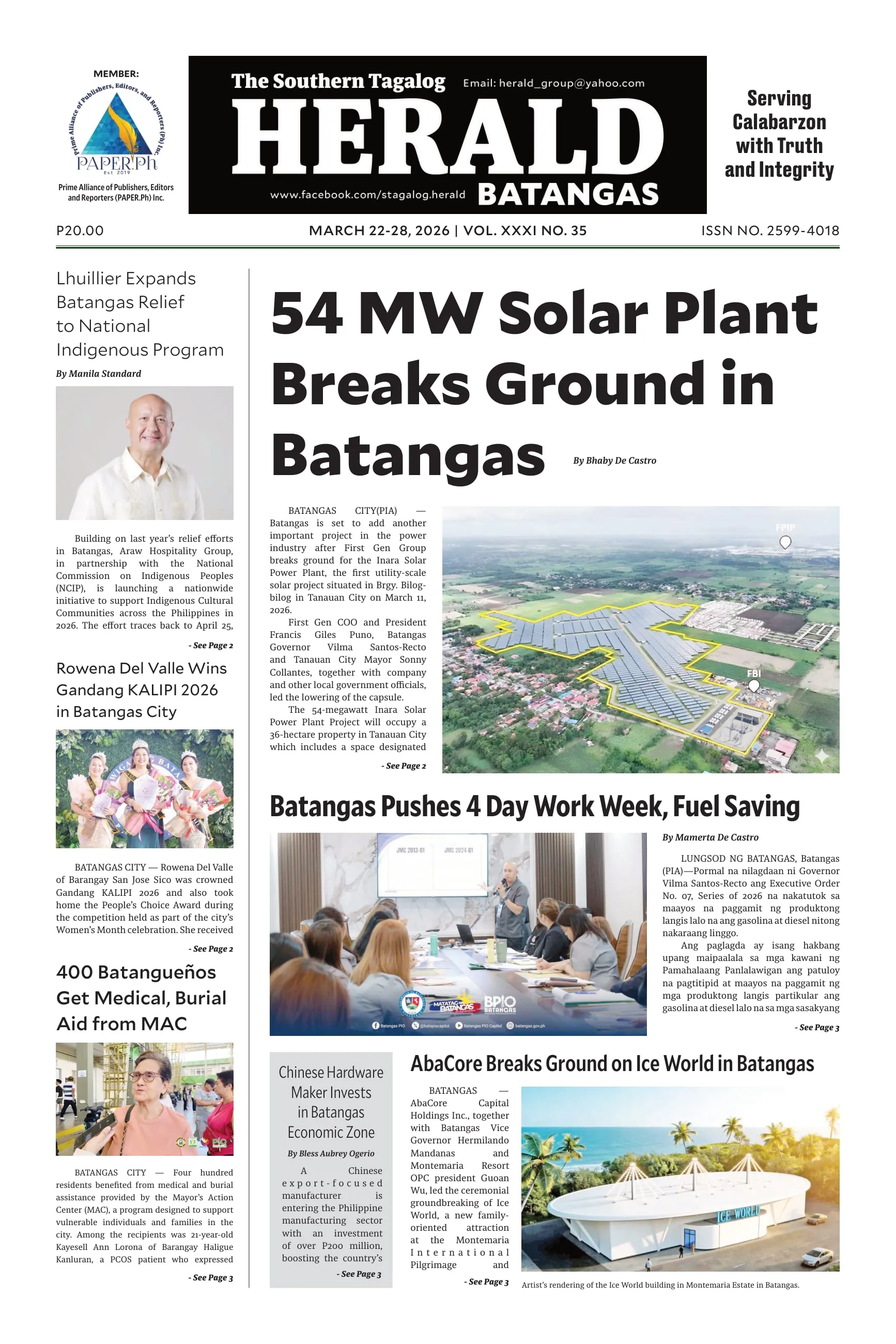 Front page of The Southern Tagalog Herald, Batangas edition, led by "54 MW Solar Plant Breaks Ground in Batangas" with a groundbreaking photo and an aerial view of solar panels.