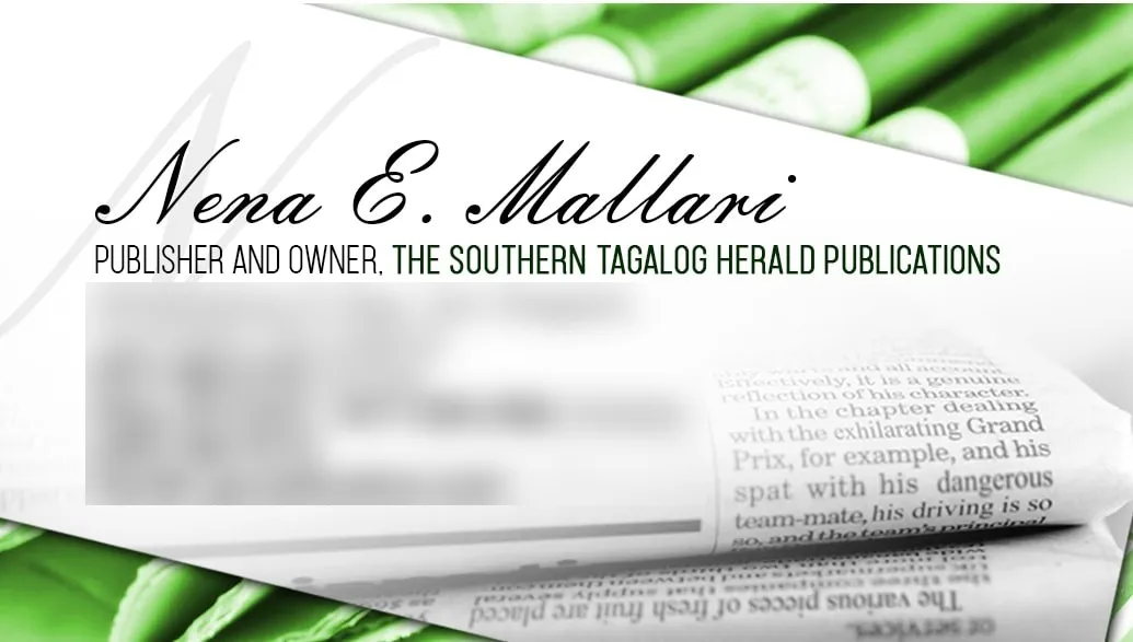 Calling card for Nena E. Mallari, publisher and owner of The Southern Tagalog Herald Publications, with a rolled-up newspaper. Contact details are blurred.