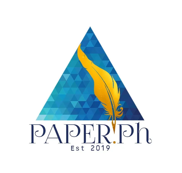 PAPER.Ph logo: a blue mosaic triangle with a gold quill pen above the name and "Est 2019".