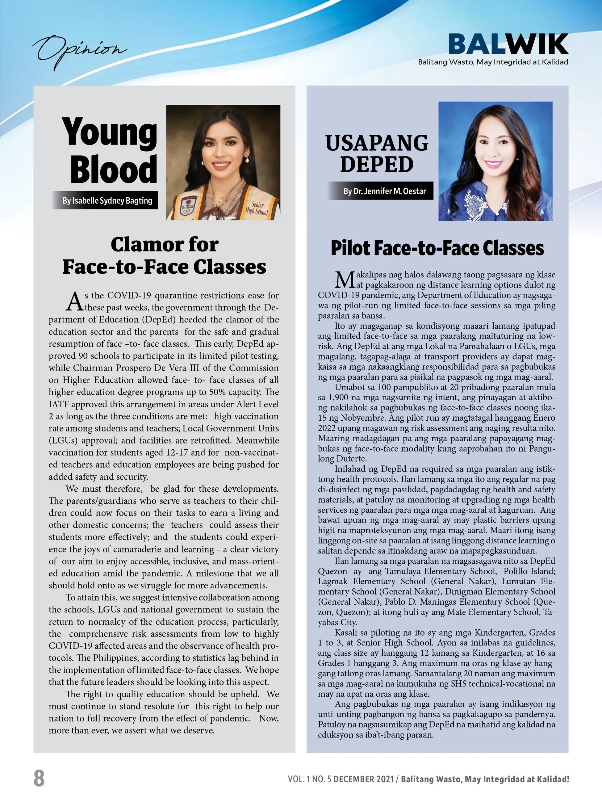 BALWIK opinion spread with two columns, "Young Blood" and "Usapang DepEd", both about the return of face-to-face classes.