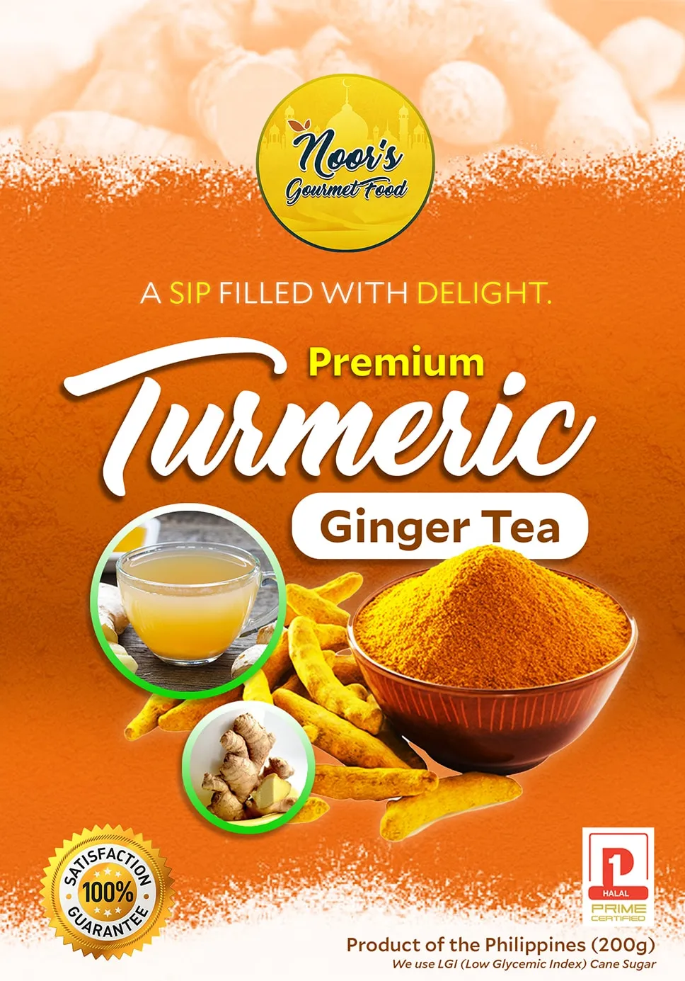 Noor's Gourmet Food label for Premium Turmeric Ginger Tea in bright orange, with a cup of tea, turmeric root and turmeric powder.