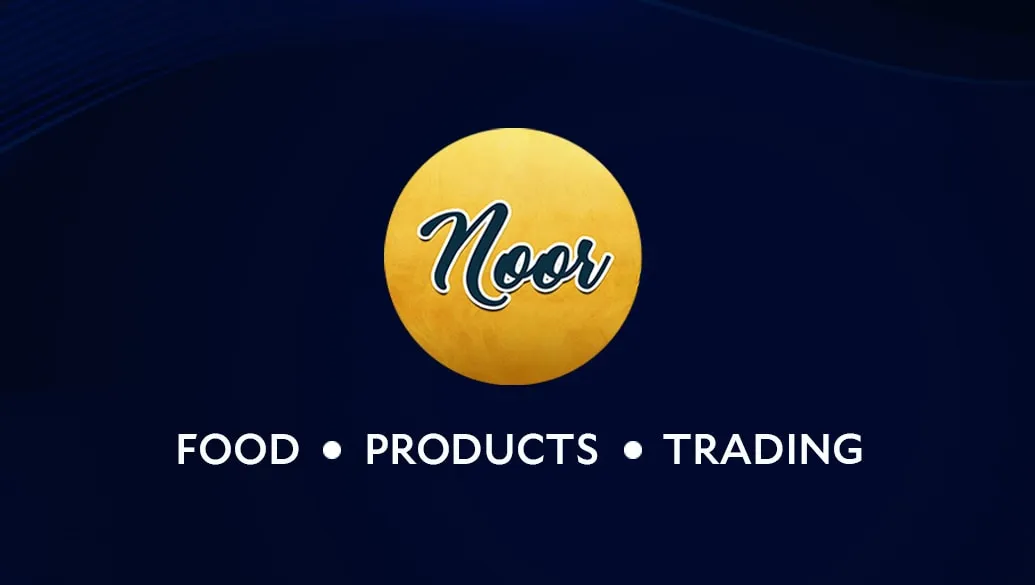 Back of the Noor Food Products Trading calling card: a gold Noor logo on navy.