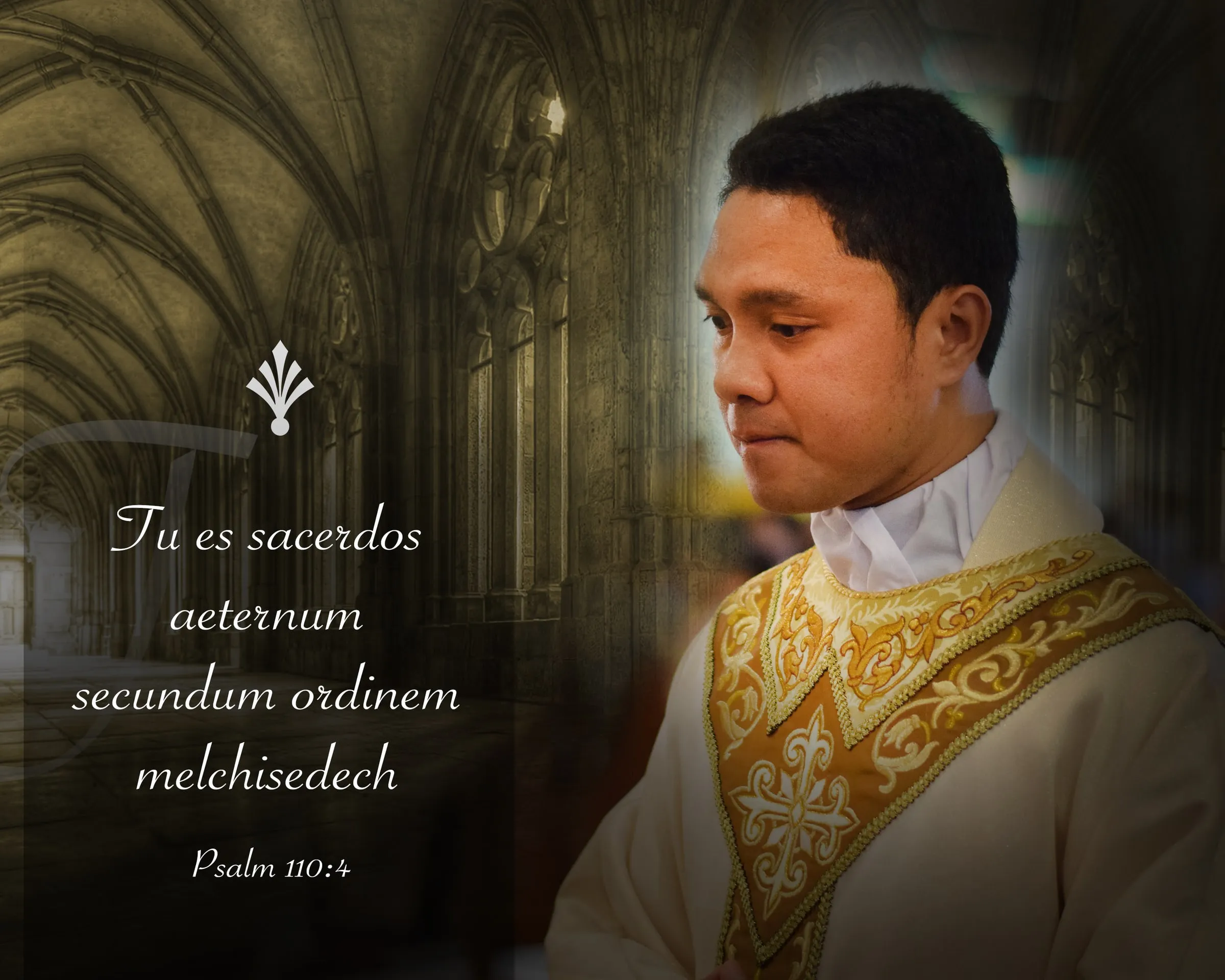 Album portrait page: a new priest in vestments beside the Latin text "Tu es sacerdos aeternum secundum ordinem melchisedech".