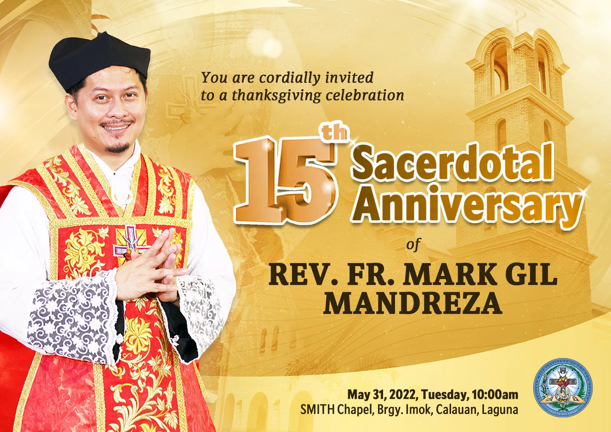 Gold invitation to the 15th sacerdotal anniversary of Rev. Fr. Mark Gil Mandreza, with a priest in red vestments.
