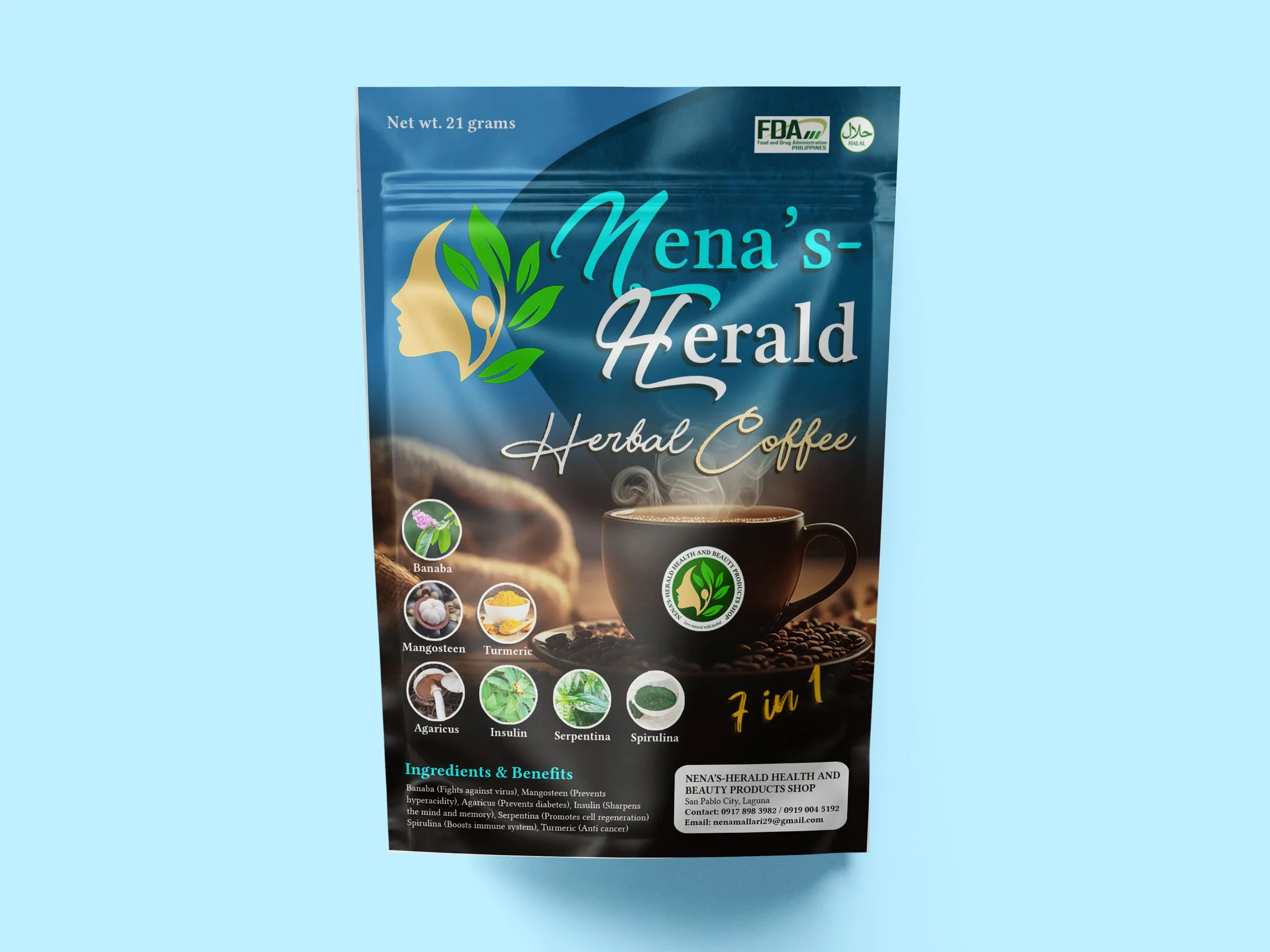 Nena's-Herald Herbal Coffee stand-up pouch in blue tones with a leaf logo, a cup of coffee and the herbal ingredients, on a light blue background.