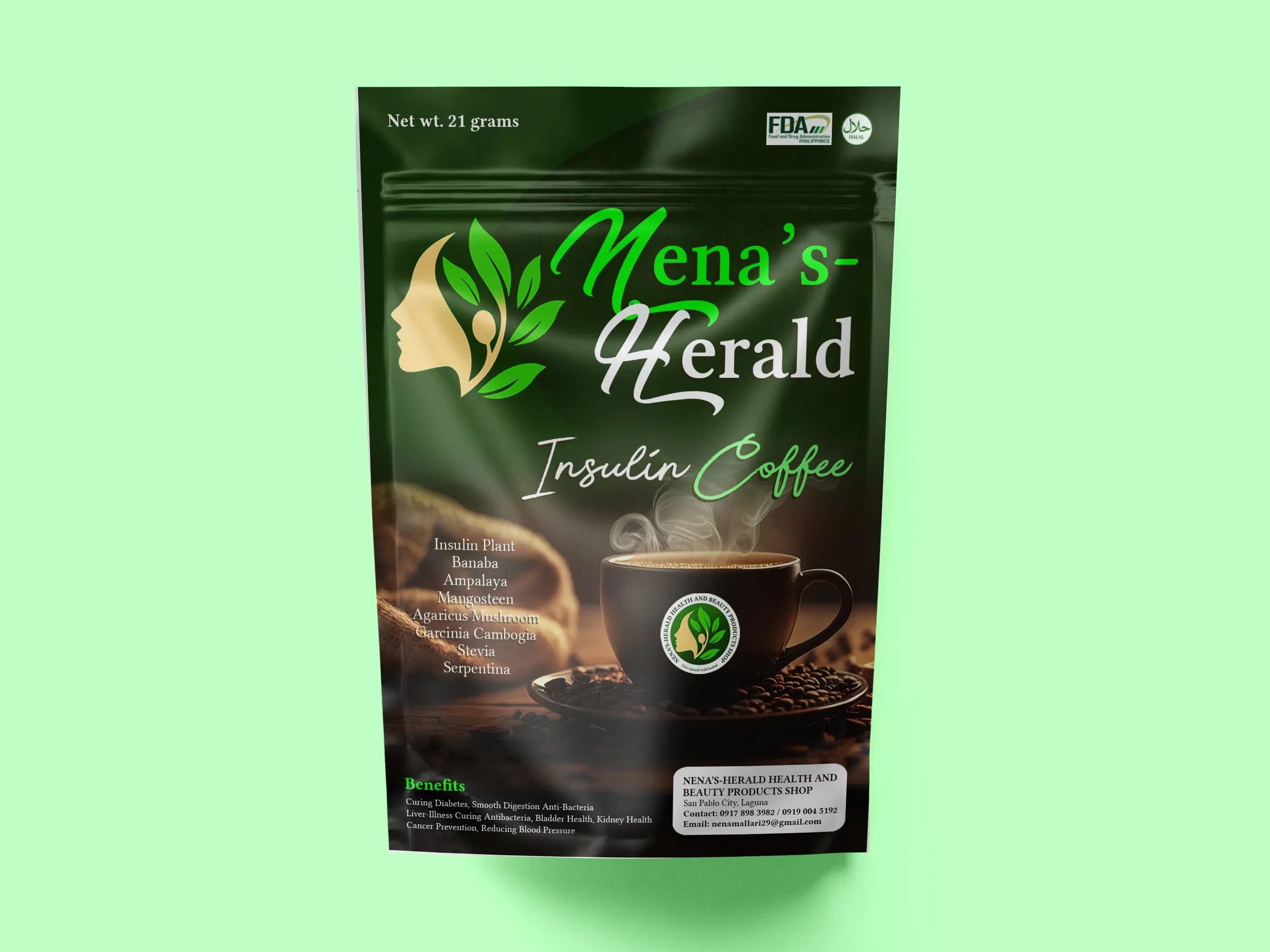 Nena's-Herald Insulin Coffee stand-up pouch in dark green, on a light green background.
