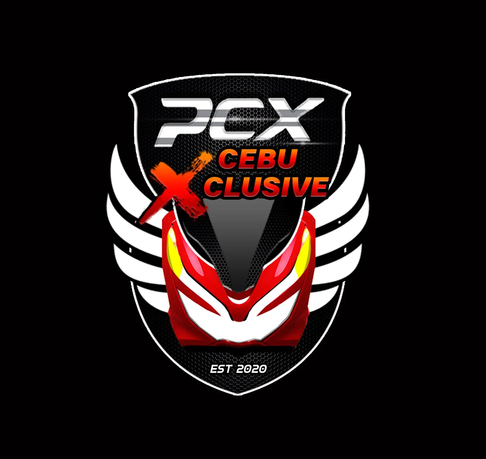 PCX Cebu Xclusive club logo: a shield with white wings, the front of a red scooter and "EST 2020", on black.