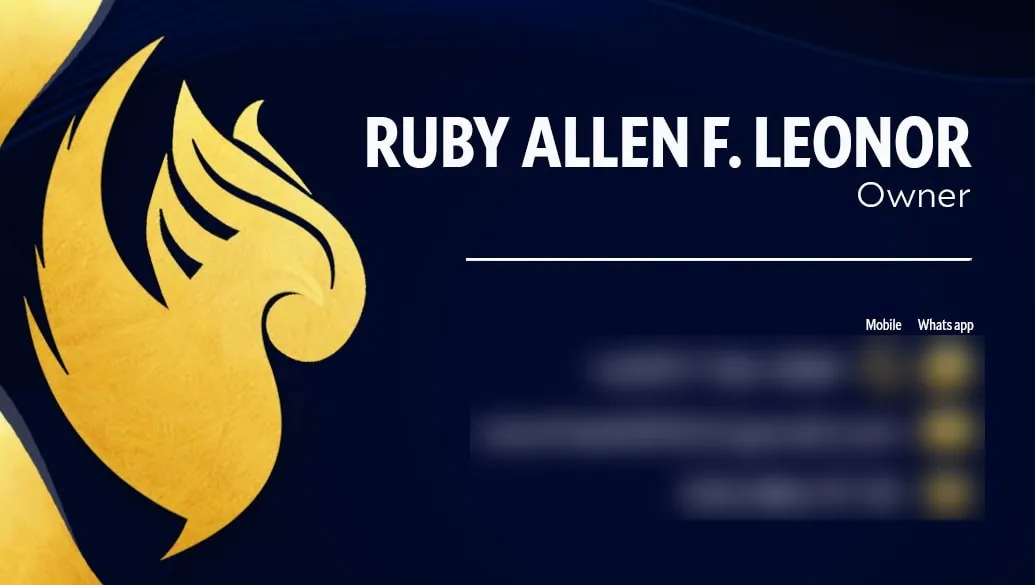 Front of the Noor calling card for owner Ruby Allen F. Leonor, with a gold wing motif on navy. Contact details are blurred.