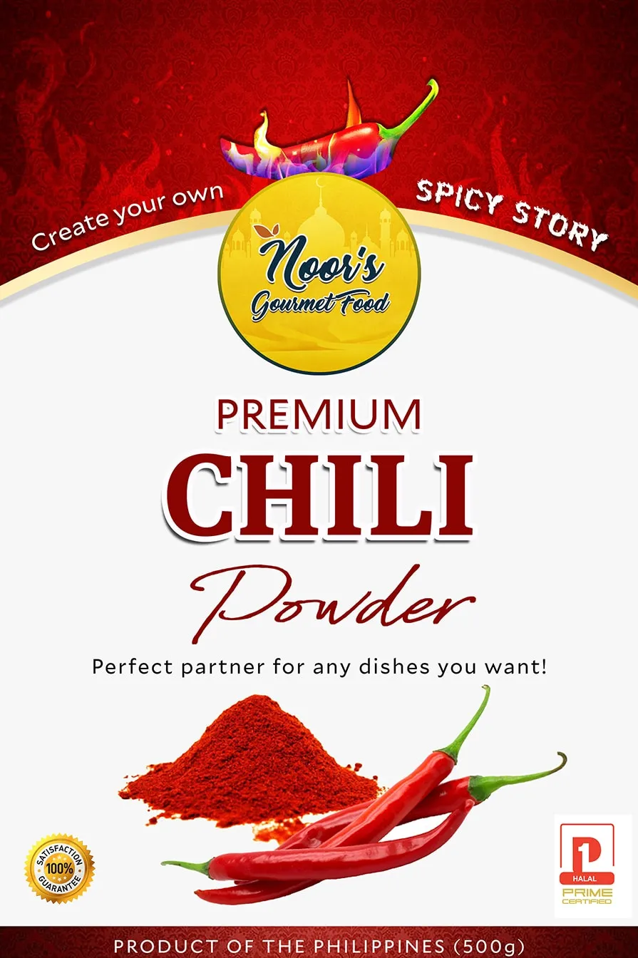 Noor's Gourmet Food label for Premium Chili Powder: white and red design with red chillies and a pile of chili powder.