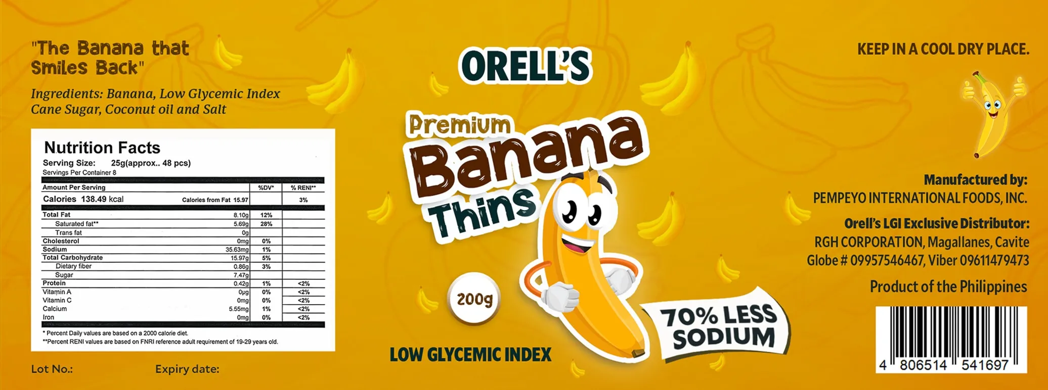 Wrap-around label for Orell's Premium Banana Thins in yellow, with a cartoon banana mascot, a nutrition facts panel and a barcode.