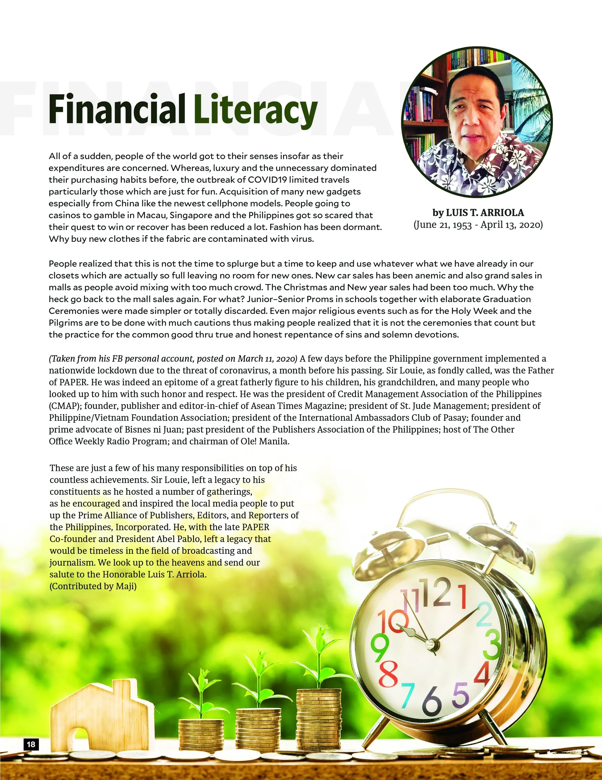 PAPER.Ph "Financial Literacy" article page with a round author portrait, plus an alarm clock, coins and seedlings along the bottom.