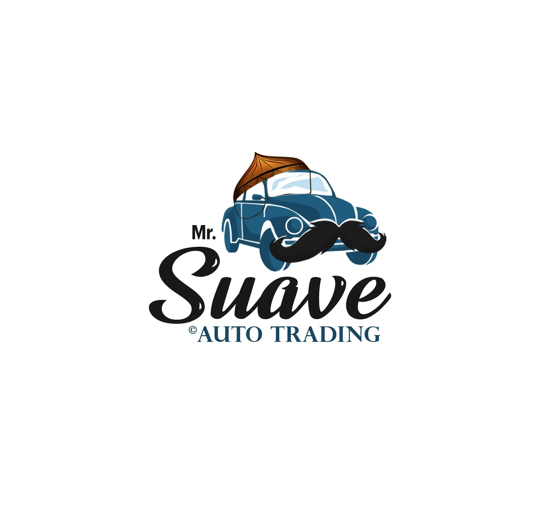 Mr. Suave Auto Trading logo: a vintage car wearing a hat and moustache above the script word "Suave".