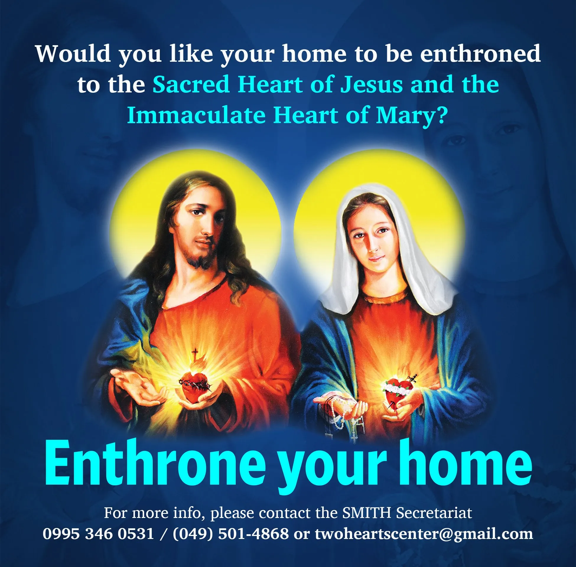 "Enthrone your home" poster inviting families to enthrone their homes to the Sacred Heart of Jesus and the Immaculate Heart of Mary.