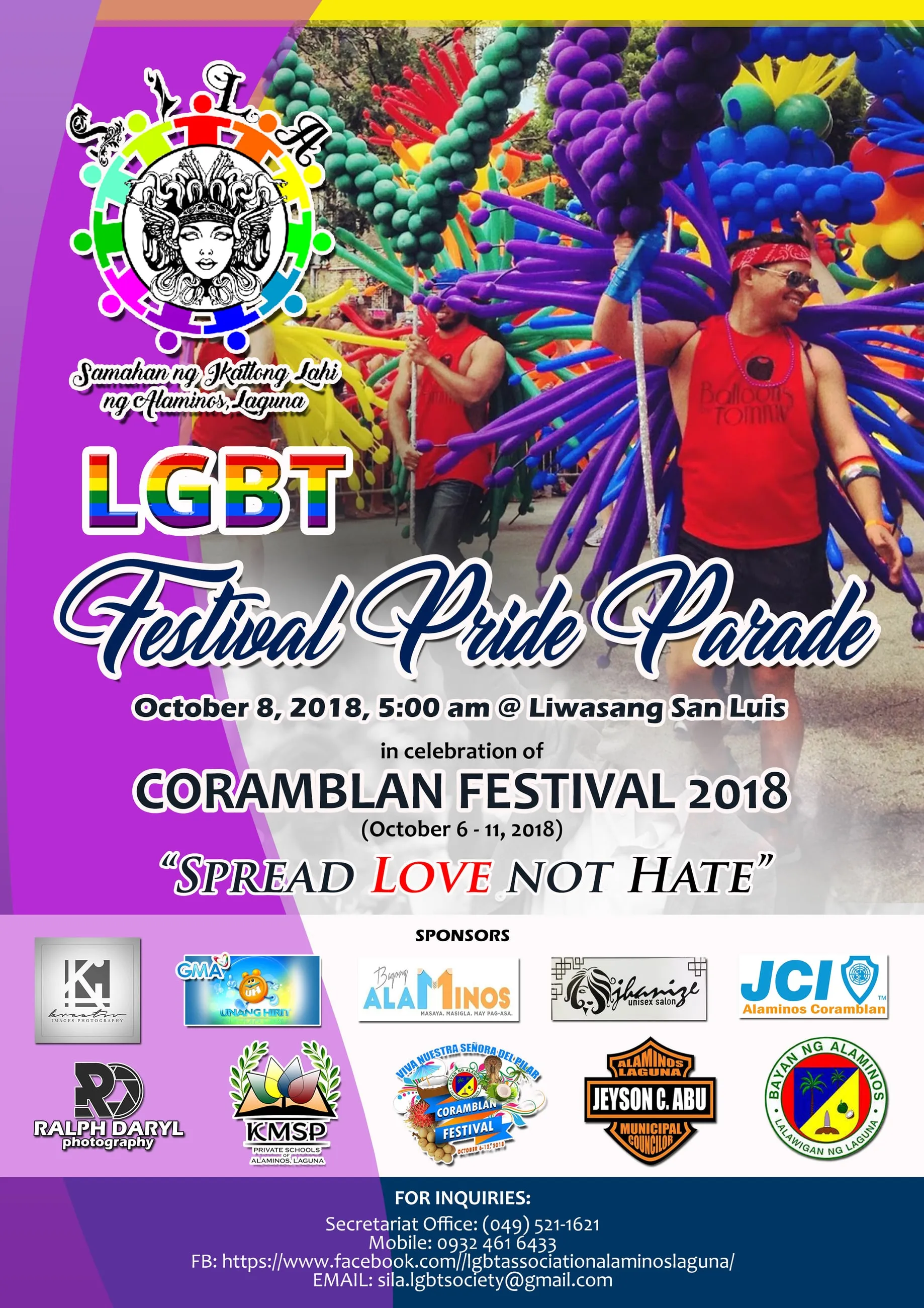 Purple poster for an LGBT Pride Parade during the Corambalan Festival 2018, with the line "Spread love not hate" and sponsor logos.